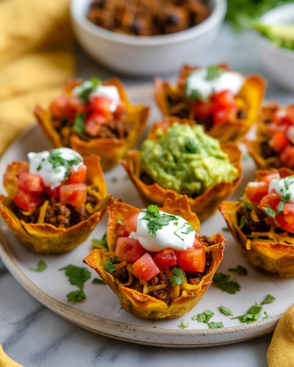 The image shows a white plate with seven crispy golden-brown taco cups made from baked thin tortillas. Each cup has three main layers: the base filled with melted yellow cheese and cooked seasoned beef, followed by diced bright red tomatoes scattered on top. The top layer includes a dollop of white sour cream and a scoop of chunky green guacamole, garnished with finely chopped dark green cilantro. In the background, there is a blurred bowl with more seasoned beef and a white marbled surface underneath, along with a soft yellow cloth on the side. photo taken with an iphone --ar 4:5 --v 7