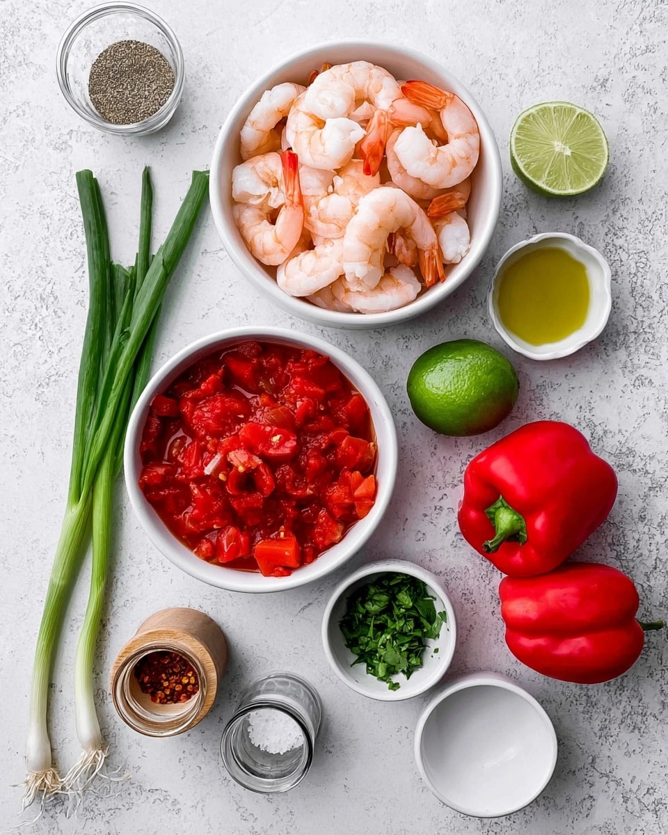 The image shows a top-down view of several fresh ingredients on a white marbled surface. There is a white bowl filled with cooked shrimp, pink and white with orange tails, positioned near the top left. Below it is a white bowl containing chunky red tomato pieces in sauce. To the right of these bowls is a small white bowl with finely chopped green herbs. Next to it are two whole shiny red bell peppers and a halved lime showing its green inside. A few garlic cloves are placed near the lime. On the left side, there are green onions with long green stalks and white ends. Small silver containers hold olive oil and a mix of salt and pepper. A tiny wooden container has red pepper flakes. At the bottom center is an empty white bowl. The ingredients are neatly arranged and well-lit. Photo taken with an iphone --ar 4:5 --v 7