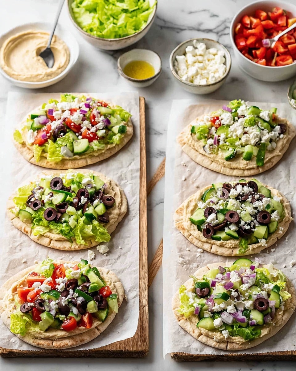 The image shows flat pita bread on a wooden board lined with white parchment paper, each piece topped with layers of fresh ingredients. The bottom layer is a smooth, creamy beige hummus spread evenly across the pita. On top of the hummus, there is a layer of bright green torn lettuce leaves. Next, small, uneven chunks of dark black olives, light green cucumber slices, small diced red tomatoes, and scattered bits of purple onion are added, creating a colorful mix of textures. White crumbled cheese is sprinkled over all, adding contrast. The board is placed on a white marbled surface, with some bowls holding extra ingredients and a spoon with hummus visible nearby. Photo taken with an iphone --ar 4:5 --v 7