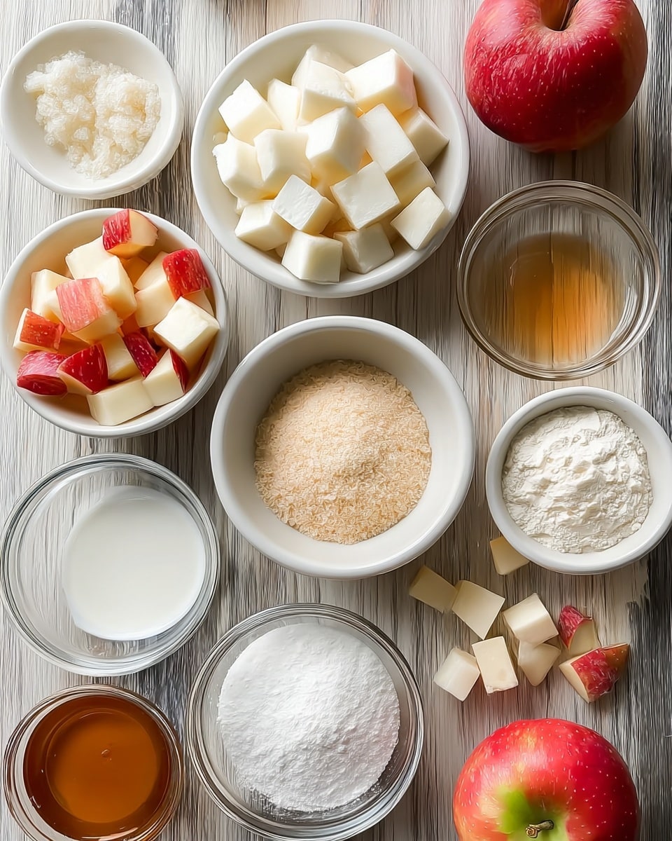 The image shows a top view of various small white bowls and clear glass bowls arranged neatly on a white marbled surface with a wooden texture effect. There are two whole red apples with light green highlights near the top right. Several bowls hold white cubes, small chopped apple pieces with red skin, off-white granular ingredients, white powder, and small amounts of light brown liquid. The bowls and fruits are spread evenly across the frame, showing a mix of smooth, powdery, and grainy textures in soft warm and neutral colors. Photo taken with an iphone --ar 4:5 --v 7