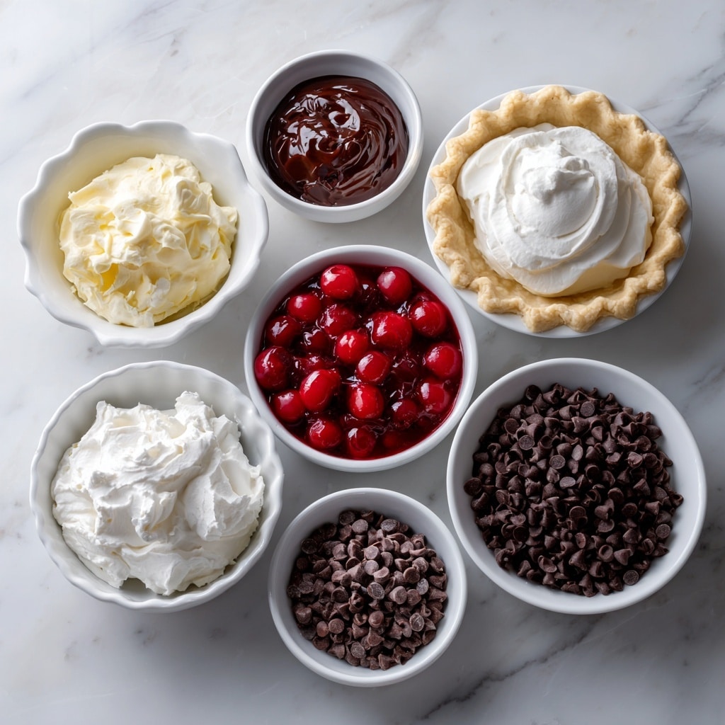 A slice of pie with four layers on a white plate with a detailed brown floral pattern. The bottom layer is a thin, crumbly light golden crust. Above that is a thick, smooth dark chocolate layer. The third layer consists of shiny dark red cherries in a glossy sauce. On top is a fluffy white cream layer sprinkled with dark brown chocolate chips and whole bright red cherries. The background is a white marbled texture. photo taken with an iphone --ar 4:5 --v 7