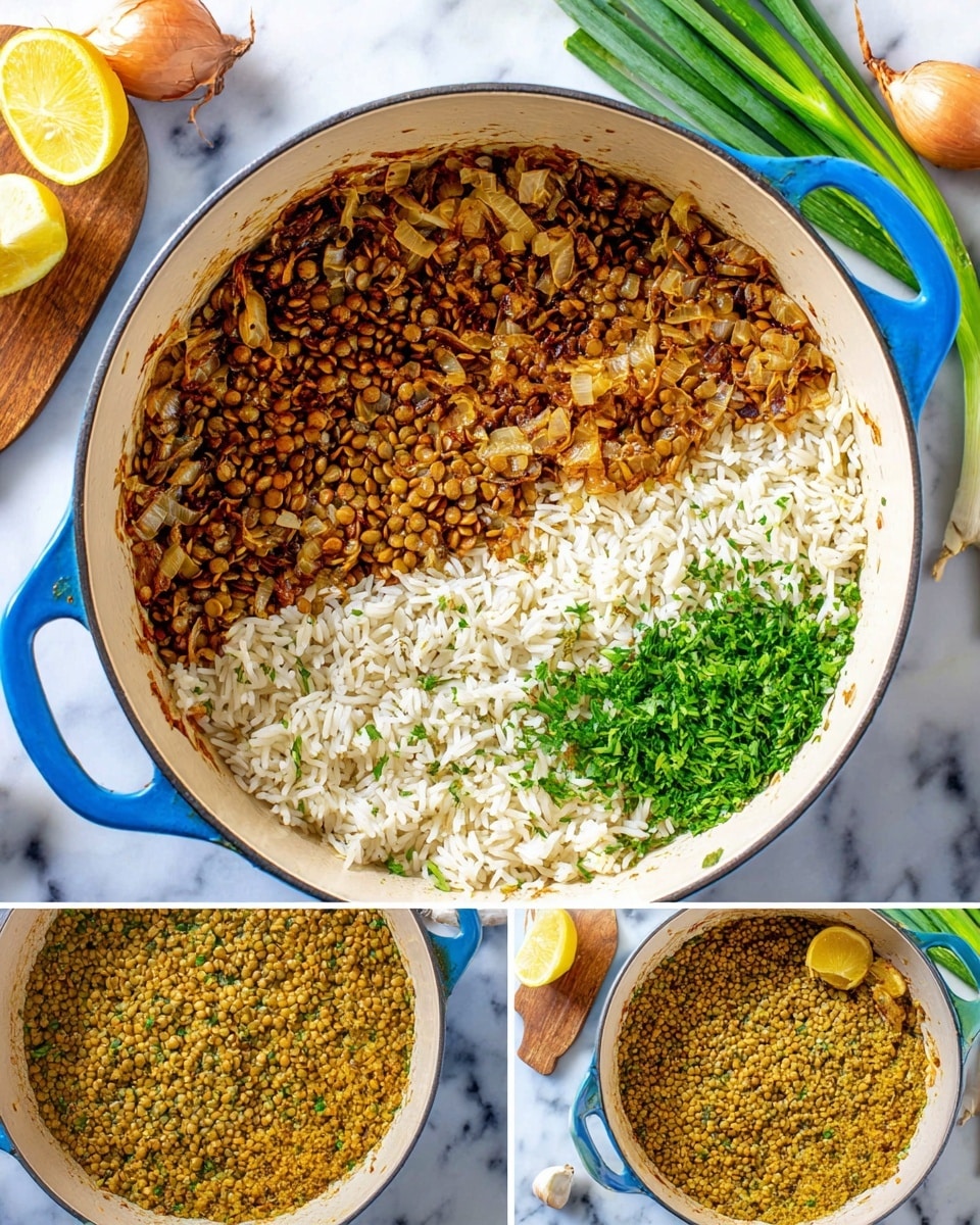 A white pot with blue handles shows three steps of cooking rice and lentils on a white marbled surface. The first step inside the pot has a single layer of browned and sautéed onions, garlic, and spices, golden-brown in color and spread evenly at the bottom. The second step shows four layers in the pot: a large portion of cooked lentils in tan color on the left, fluffy white rice on the right, some chopped brown mushrooms below the rice, and a small bunch of fresh green chopped herbs near the center, all unmixed. The third step shows a thick mixed layer of tender cooked rice, lentils, and herbs evenly combined, looking yellowish-brown with bits of green herbs scattered throughout. The pot is set over a white marbled surface with green spring onions, halved lemon, shallots, and a wooden spoon nearby. photo taken with an iphone --ar 4:5 --v 7