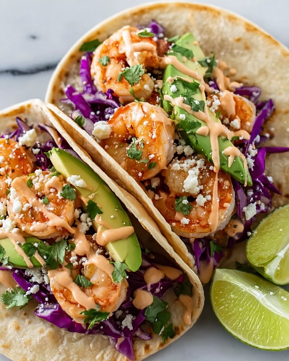 Two tacos sit side by side on a white marbled surface, each built with three soft, lightly toasted corn tortillas layered with bright purple shredded cabbage, large green slices of avocado, and plump orange shrimp that have a slight sheen. The shrimp are topped with small green cilantro leaves and thin lines of creamy, light orange sauce. Crumbled white cheese is sprinkled over the layers, adding texture and contrast. To the right of the tacos, a wedge of lime with a vibrant green exterior and juicy interior is placed for garnish. The whole scene is clear and sharp, photo taken with an iphone --ar 4:5 --v 7
