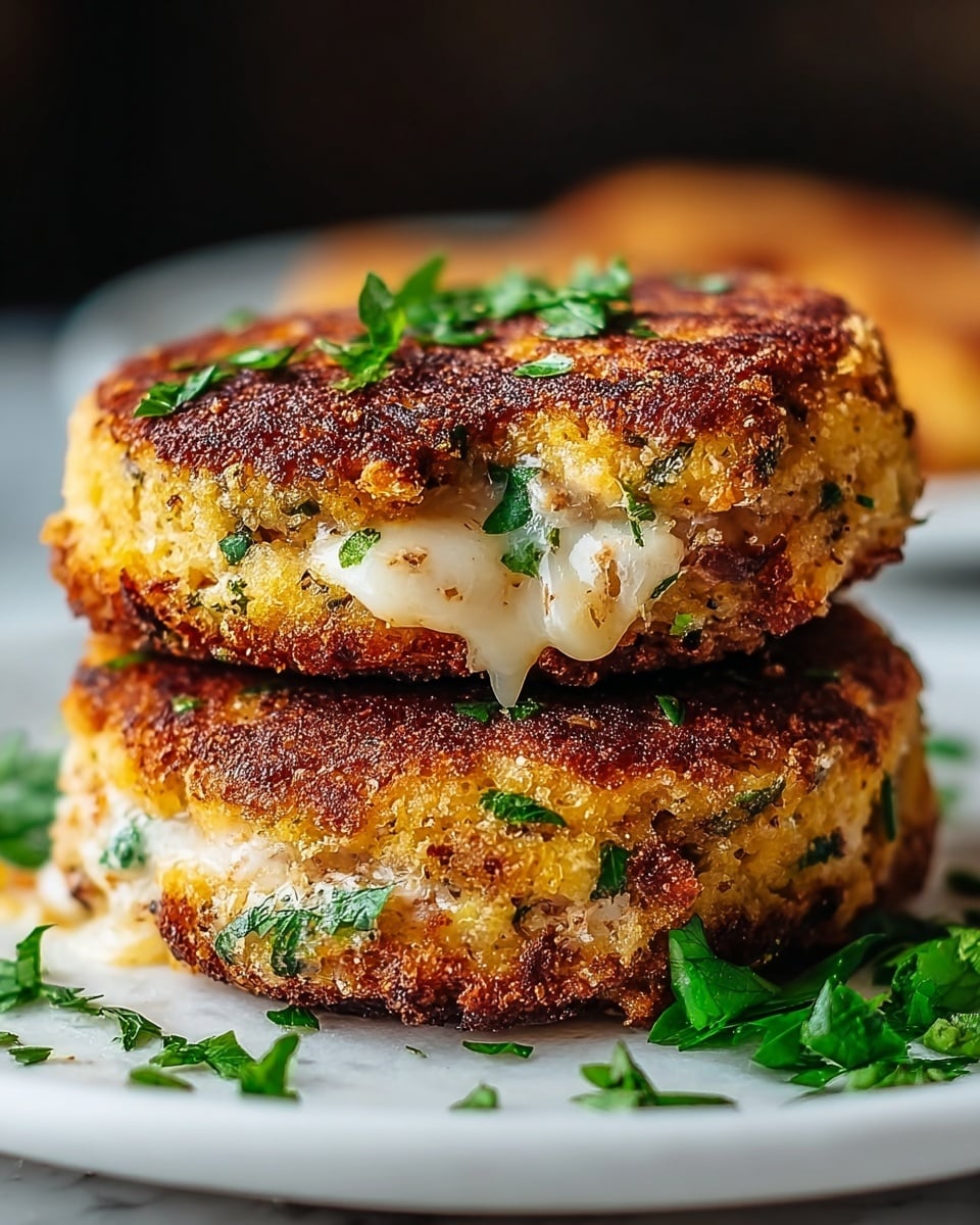 The image shows two golden brown crispy patties stacked on top of each other on a white plate, with a creamy melted filling visible between them, speckled with green herbs. The patties have a crunchy, uneven texture with some darker browned spots and fresh chopped green herbs sprinkled on top and around the edges. The white plate rests on a white marbled surface, and there is a hint of a dark blurred background behind. photo taken with an iphone --ar 4:5 --v 7