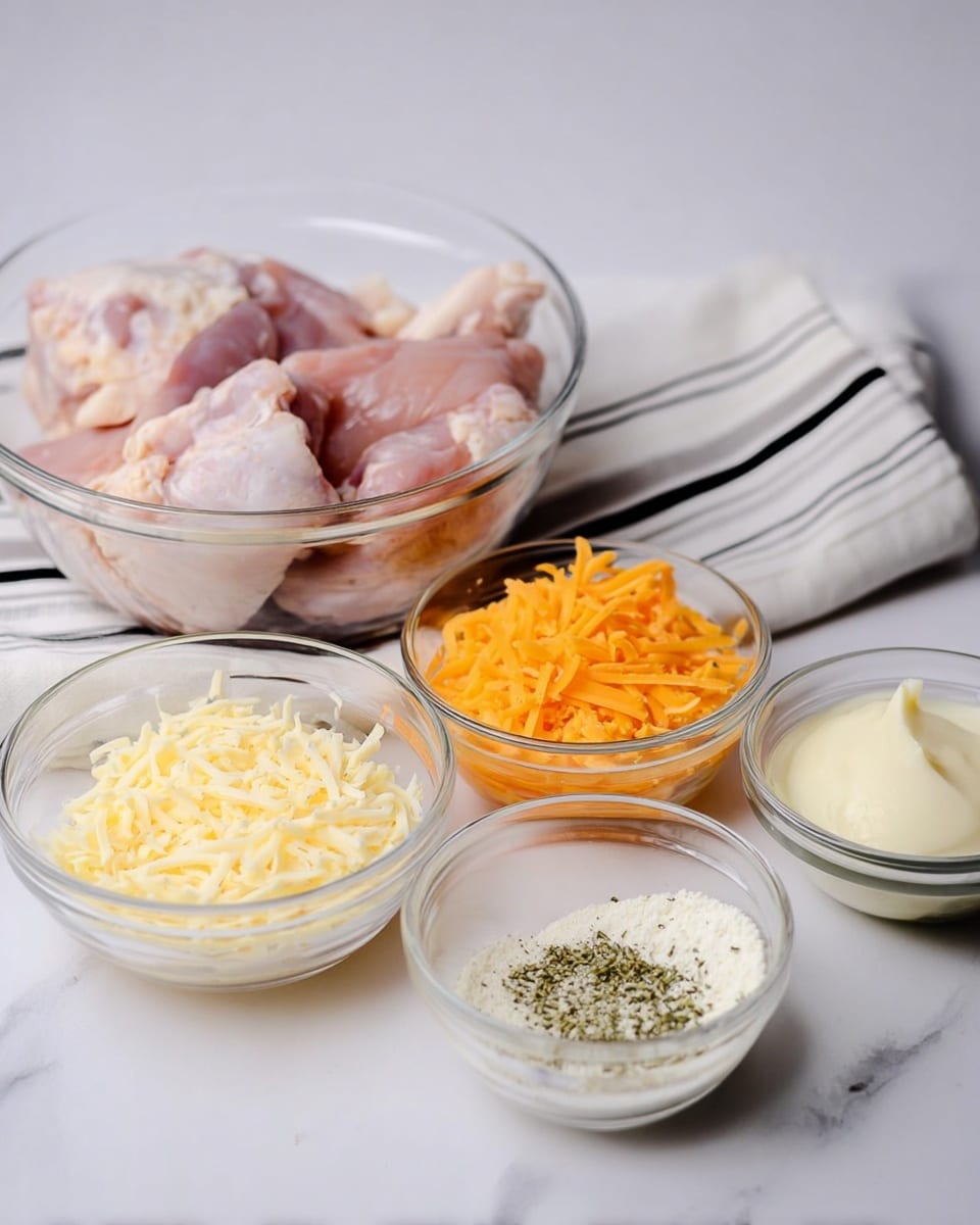 In this image, five glass bowls are arranged on a white marbled surface with a white cloth with black stripes underneath the back row. The largest bowl on the left contains raw, pink chicken pieces with some white fat visible on the skin. To its right, a medium bowl is filled with finely shredded orange cheddar cheese. In front, three smaller bowls hold different ingredients: the left bowl contains pale yellow grated Parmesan cheese, the middle bowl has a creamy white mayonnaise-like texture, and the right bowl holds a white powder mixed with green herbs, likely seasoning. The background is plain and light, putting focus on the ingredients. photo taken with an iphone --ar 4:5 --v 7