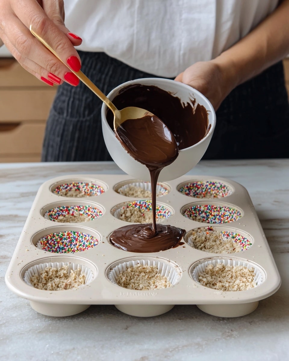 A woman's hand with red nails is holding a gold spoon pouring smooth, dark brown melted chocolate from a white bowl into one cup of a white muffin tray with colorful sprinkles inside each cup. The muffin tray has a base layer of a light crumbly mixture that looks like crushed nuts or oats in each cup, with one cup partially filled with the chocolate. The tray is resting on a white marbled surface, and a woman wearing a white shirt and dark pants is visible in the background. Photo taken with an iphone --ar 4:5 --v 7