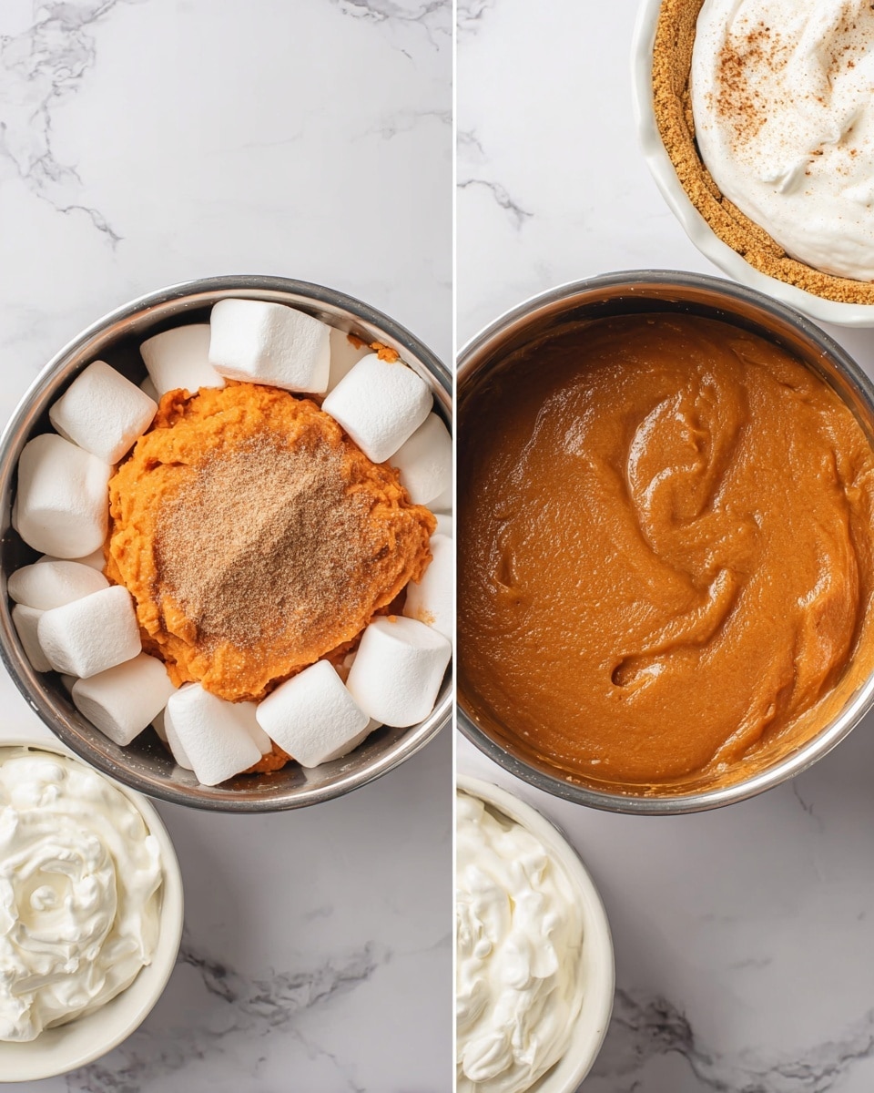 The image shows two side-by-side photos on a white marbled surface with a white bowl of whipped cream and a white graham cracker crust pie tin in the top corners. The left photo features a metal saucepan filled with large white marshmallows, topped with a large scoop of orange pumpkin puree and sprinkled with light brown spices, sugar, and cinnamon. In the right photo, the saucepan holds a smooth, thick, glossy orange-brown mixture, which appears well blended from the left photo’s ingredients. Photo taken with an iphone --ar 4:5 --v 7