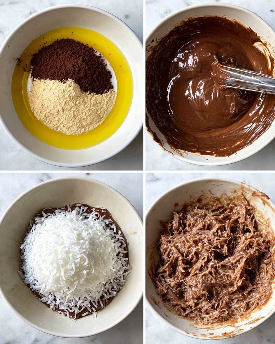The image shows a collage of four pictures, each displaying a mixing bowl on a white marbled surface. The first bowl contains three separate layers: a yellow liquid layer forming a ring on the outside, with a light brown creamy layer in the middle and a dark brown powder layer piled on top. The second bowl shows a smooth, thick chocolate batter with some shiny bits being stirred by a metal fork. The third bowl has a dark brown base with a large mound of white shredded coconut on top, centered within the bowl. The fourth bowl displays a mix where the shredded coconut is fully blended into the chocolate batter, creating a textured mixture with visible coconut strands. photo taken with an iphone --ar 4:5 --v 7