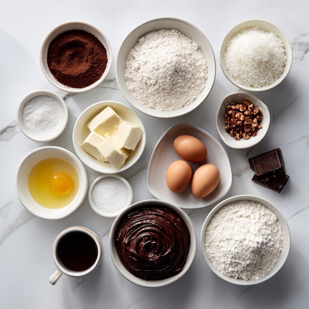 The image shows a close-up of a three-layered dessert slice on a white plate with a dark edge. The bottom layer is dark brown with a dense, crumbly texture like chocolate cake. The middle layer is light golden brown, appearing moist and sticky with bits of nuts or coconut. The top layer is a smooth, glossy milk chocolate coating with several dark chocolate chunks and drops scattered on top. The background has a white marbled texture, and soft lighting highlights the shiny chocolate and moist layers. Photo taken with an iphone --ar 4:5 --v 7