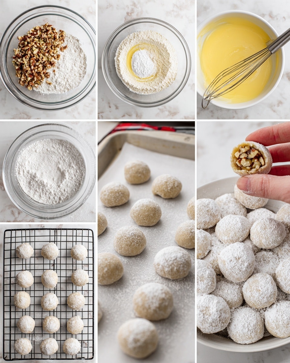 A series of images shows the process of making round cookies. First, chopped nuts are in a glass bowl, mixed with flour and sugar with a whisk beside it. Next, there is soft yellow butter in a clear glass bowl with powdered sugar added, then mixed until creamy. A woman's hand holds a small round dough ball with visible nut pieces. Multiple dough balls are placed neatly on a white parchment paper-lined baking tray. The baked cookies are on a black wire cooling rack, light-colored and dusted with powdered sugar. Nearby, more dough balls are being rolled in powdered sugar from a white bowl. Finally, a white bowl is full of round cookies covered in a thick layer of powdered sugar. The background is a white marbled surface. Photo taken with an iphone --ar 4:5 --v 7