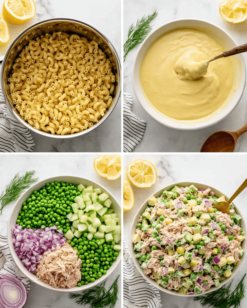 The images show a five-step process of making a creamy pasta salad. The first image has a silver pot filled with cooked elbow macaroni that is light yellow with a soft texture. The second image shows a white bowl with thick, creamy yellow dressing being stirred with a gold spoon. The third image has a white bowl divided into sections with chopped green cucumber, diced red onion, light green chopped celery, green peas, macaroni, and light pink shredded tuna placed neatly and separated. The fourth image shows a thick yellow dressing being poured over the ingredients in the white bowl, covering part of the peas, onion, cucumber, macaroni, and tuna. The last image displays a finished mixed pasta salad in a white bowl with all ingredients combined, showing bits of green peas, diced red onions, chopped cucumbers, celery, tuna, and macaroni in a creamy dressing. The bowl sits on a white marbled surface beside a halved lemon, a sliced red onion, a sprig of dill, and a striped napkin with a wooden spoon nearby. Photo taken with an iphone --ar 4:5 --v 7