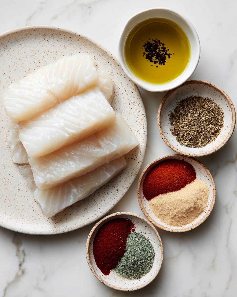 The image shows three raw cod fillets stacked on a white speckled plate, placed on a white marbled surface. Nearby, there is a small white bowl holding olive oil with visible black specks of ground pepper, and another white speckled bowl filled with various spices separated into small piles: red paprika, beige garlic powder, light brown onion powder, greenish thyme, darker green oregano, fine salt and pepper mix, and reddish cayenne. The overall arrangement is neat and clean, with the ingredients clearly separated for easy viewing. Photo taken with an iphone --ar 4:5 --v 7