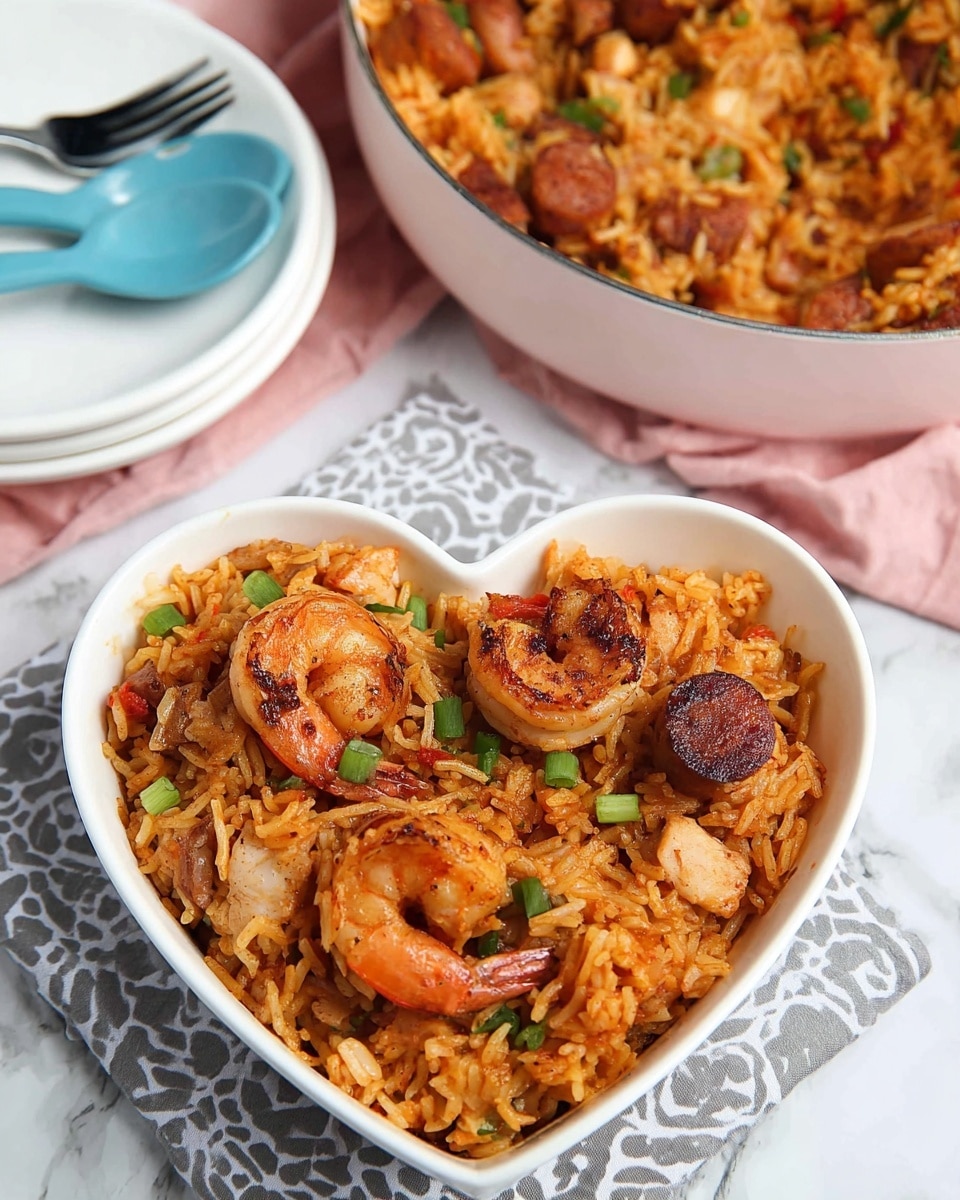 The image shows a white pan filled with a layered dish starting with a base of orange-colored rice mixed with small bits of vegetables like celery and red peppers. On top of the rice, there are several large, browned shrimp with a slightly charred texture and a curved shape, showing a golden-brown color with visible seasoning. Around the shrimp, there are slices of browned sausage, dark red and glossy, some showing grill marks. The dish is sprinkled with green onion pieces adding small bright green accents across the surface. The pan sits on a white marbled surface and is surrounded by a pink cloth. Photo taken with an iphone --ar 4:5 --v 7