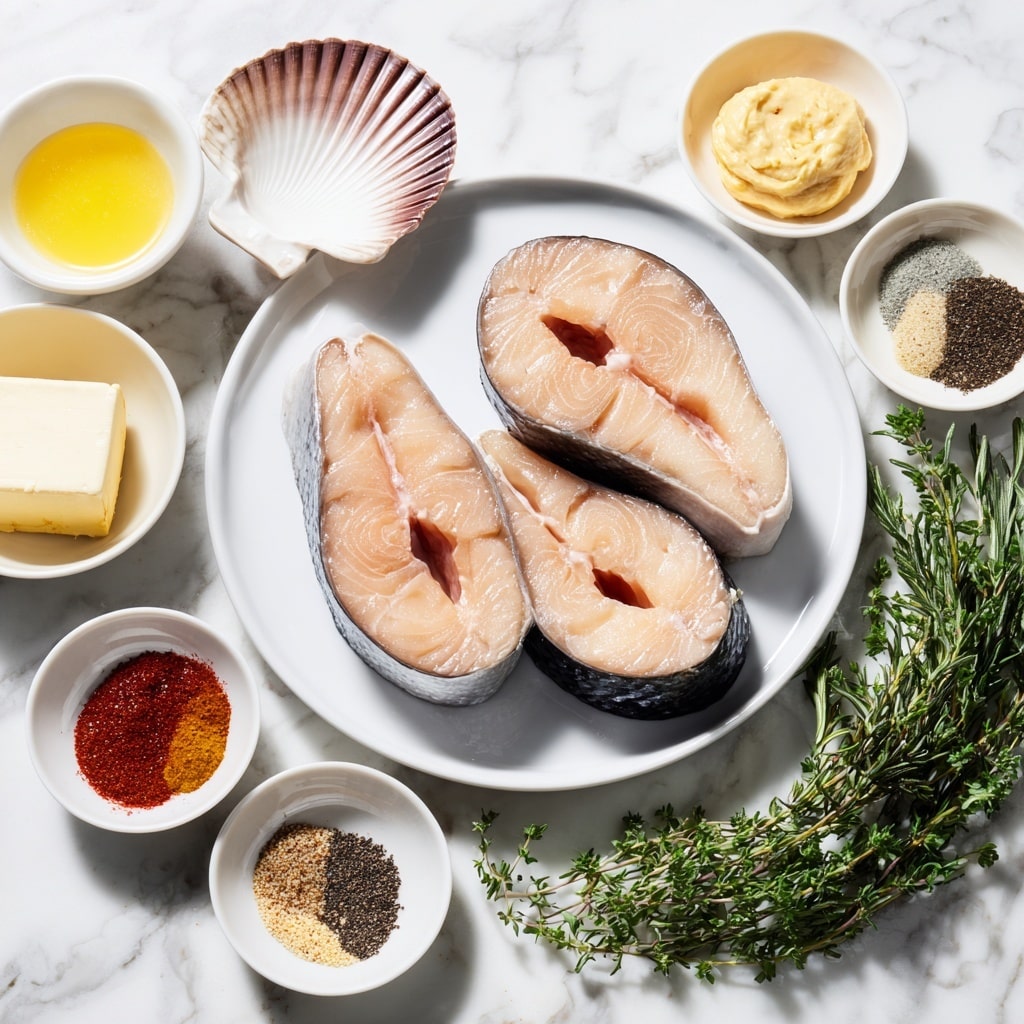 Three raw fish steaks with light pinkish-white flesh and dark skin edges are placed in a row on a white plate at the center. Around the plate, there are small white bowls with various seasonings: pale yellow lemon juice in a shell-shaped bowl top left, creamy white butter cube top center, half black and pink spices labeled black pepper and salt top right, pale yellow garlic paste in a small bowl right center, orange-red Cajun powder below that, dark red hot sauce in a small bowl bottom left, light brown garlic powder above hot sauce, and mixed dry Italian seasoning above that. A white rimmed plate at the bottom right holds fresh green rosemary, thyme, and parsley sprigs. All items are laid on a surface with white marbled texture. Photo taken with an iphone --ar 4:5 --v 7