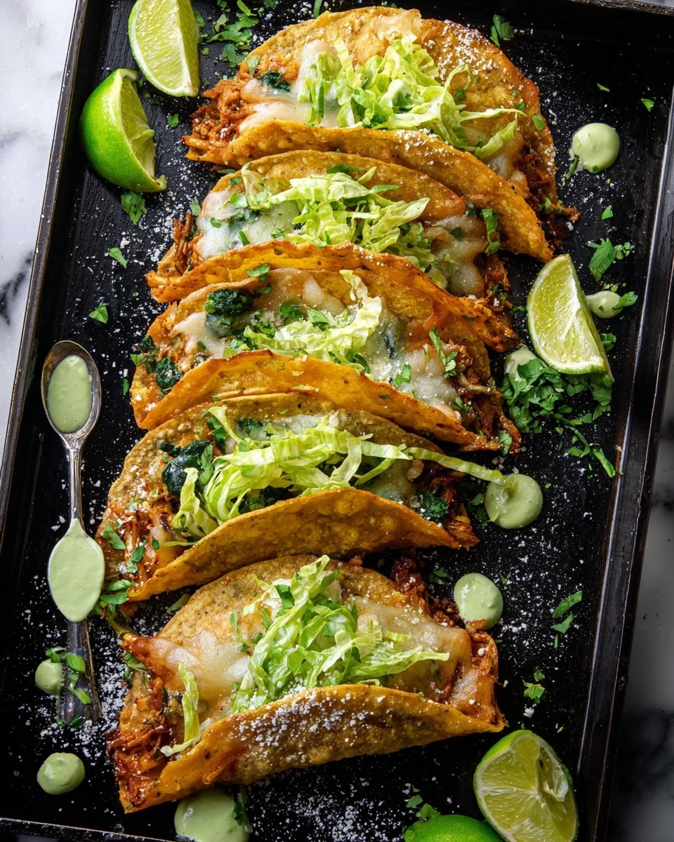 Three folded golden brown tacos are placed close together on a dark tray with a white marbled texture in the background. Each taco has a crispy tortilla shell sprinkled with coarse salt on top. Inside, there is a melted cheese layer mixed with browned bits of cooked green peppers and shredded meat, with a slightly crispy texture at the edges. On top of each taco is a dollop of creamy green sauce and a sprinkle of thinly sliced fresh leafy greens. Small wedges of lime are scattered around the tacos. Photo taken with an iphone --ar 4:5 --v 7