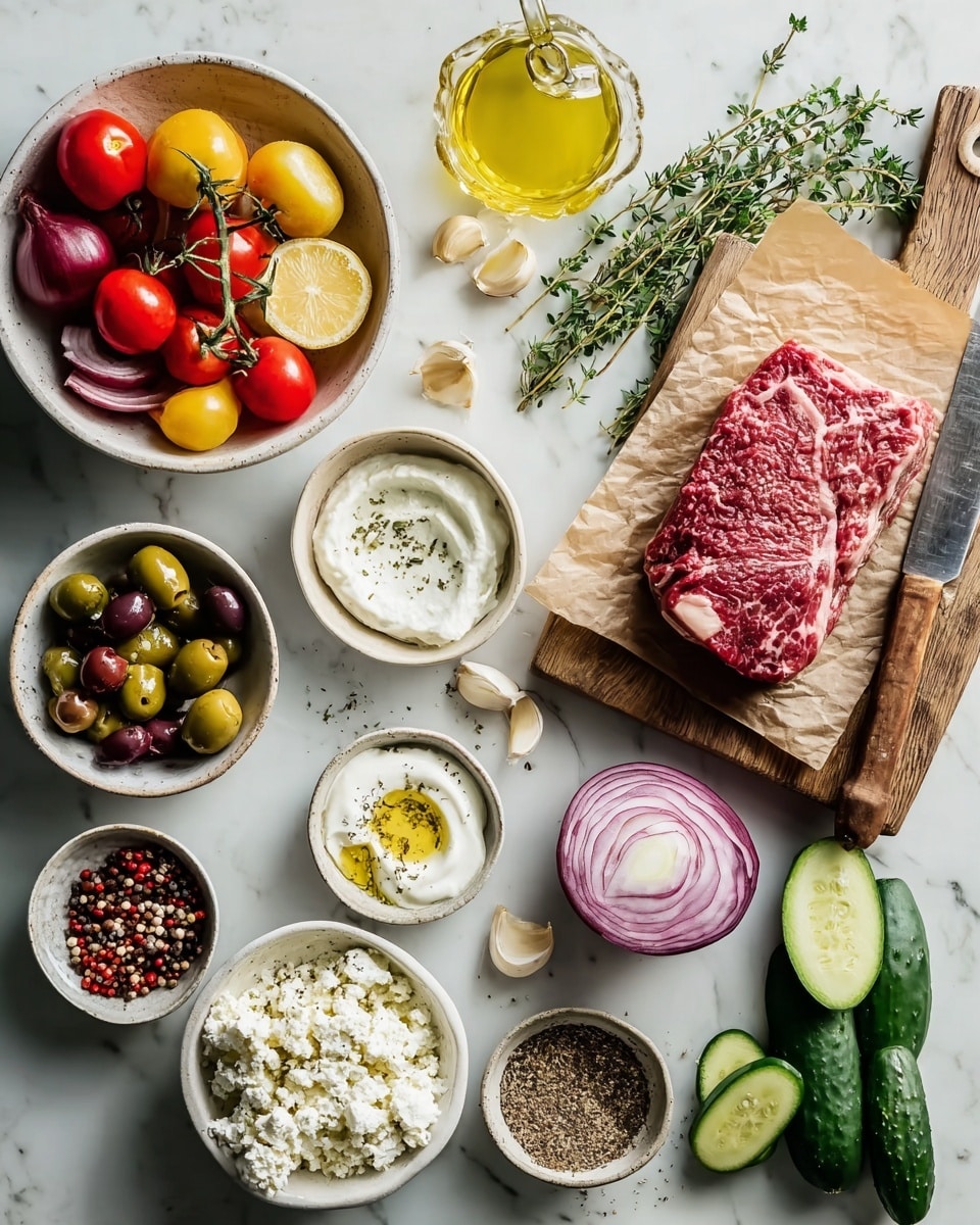 The image shows a flat white marbled surface with various small white bowls and plates holding fresh ingredients arranged neatly. On the top right, there is a wooden cutting board with a piece of raw marbled red meat on brown parchment paper, a knife with a wooden handle beside it, and some green herbs on the side. Around it, there is a small jug of golden olive oil, two garlic cloves, and sprigs of fresh herbs. Below, there are bowls containing mixed olives, creamy white yogurt with olive oil, olive oil, crumbled white cheese, a mix of spices, whole black and red peppercorns, and coarse salt. On the left side, there is a white bowl with fresh cherry tomatoes, two cucumbers, and a yellow lemon, along with halved red onions. The whole setup invites ingredients to prepare a fresh, colorful dish. Photo taken with an iphone --ar 4:5 --v 7