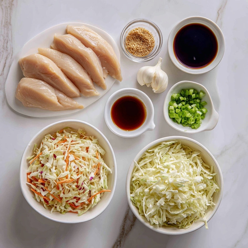 The image shows four crispy golden-brown taco shells arranged on a white plate with a white marbled surface, each filled with a mix of small pieces of cooked meat, finely shredded green and purple cabbage, orange carrot strips, and chopped green onions, topped with sesame seeds. The tacos are placed in a diagonal line with a small white cup of bright red dipping sauce on the left side of the plate. A lime wedge is placed on the front right corner of the plate, and there are scattered pieces of vegetables around the plate for garnish. Photo taken with an iphone --ar 4:5 --v 7