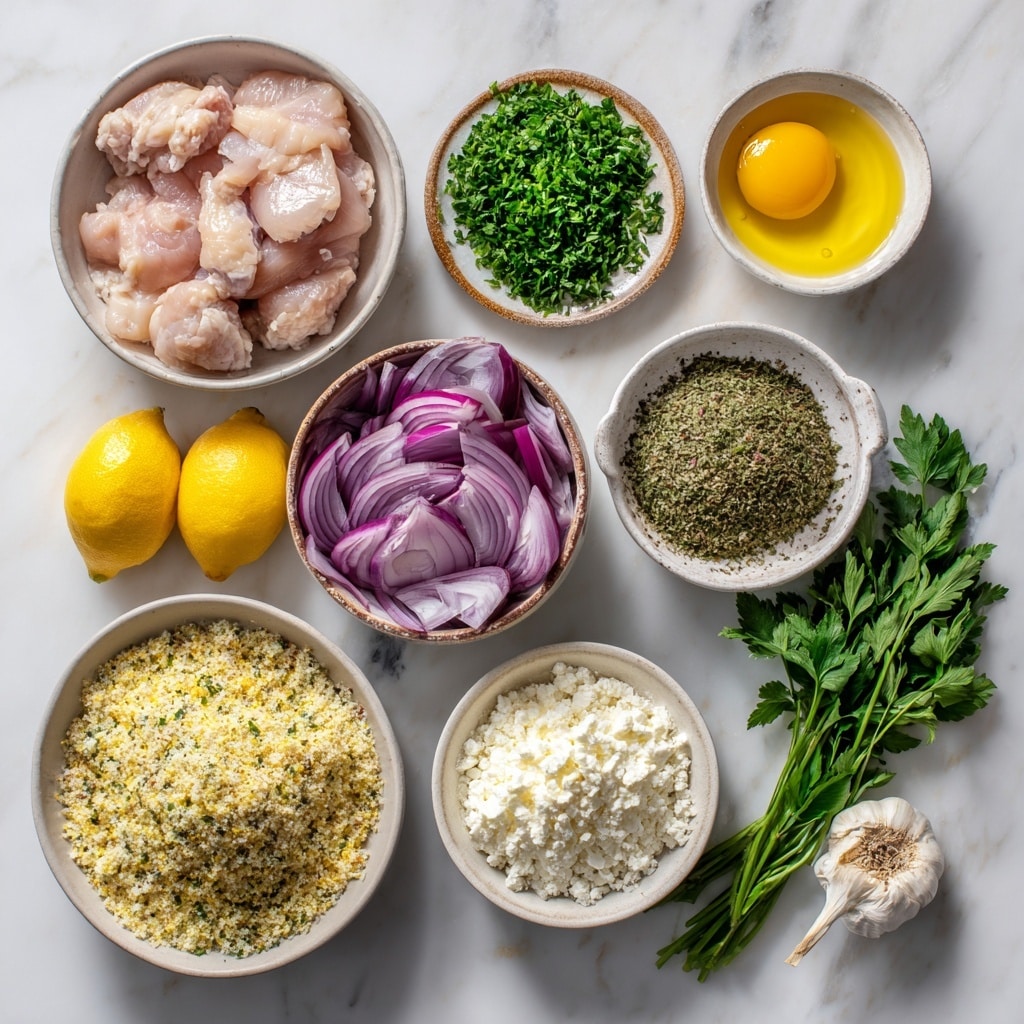 A close-up view of four golden brown patties with a slightly crispy texture, garnished with small green herb leaves and bits of purple onion on top, each patty topped with a small dollop of white cheese. The patties have a light beige base with green specks throughout, showing a moist and tender inside texture. They are placed on a white plate with scattered pieces of red tomato and extra herbs around them, all set on a white marbled textured surface. photo taken with an iphone --ar 4:5 --v 7