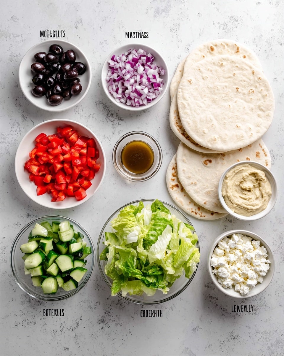 The image shows a white marbled surface with several small white bowls and plates arranged neatly around three white pita breads on the right side. Starting from the top left, a small white plate holds sliced black olives which are deep black and glossy. Next to it is a small white bowl filled with diced bright red bell peppers. Above the center, there is a small white bowl with finely chopped red onions that have a purplish hue. Near the right side, three white pita breads are stacked slightly overlapping each other. Below the onions, a white bowl contains diced green cucumbers with a fresh appearance. Below the olives and peppers, a small short glass holds Greek dressing, which looks brown and smooth. Below the dressing is a clear glass bowl with fresh green romaine lettuce leaves that are slightly ruffled. To the right of the lettuce, a small white bowl contains crumbly white feta cheese. Lastly, to the right of the feta, a small white bowl holds beige hummus with a creamy texture. The whole setup is clean and bright, arranged on a white marbled surface with even lighting, photo taken with an iphone --ar 4:5 --v 7