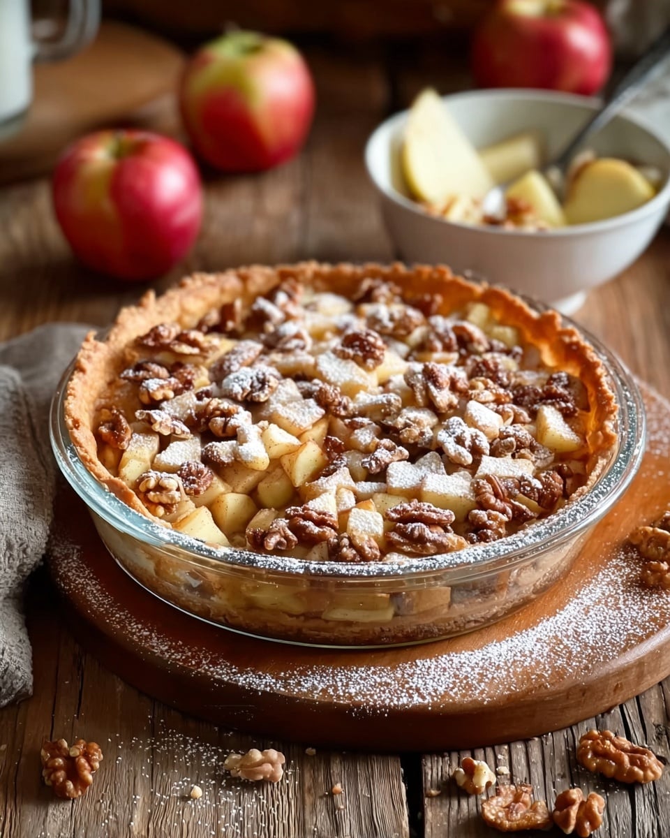 A clear round glass dish shows a pie with one visible layer of golden brown crust that holds a mix of chopped light yellow apple pieces and medium brown walnuts on top, all sprinkled with white powdered sugar. The pie sits on a round wooden board, placed on a rustic wooden table. Nearby, a white bowl with a spoon inside holds more light yellow slices, and red apples are blurred in the background. Photo taken with an iphone --ar 4:5 --v 7