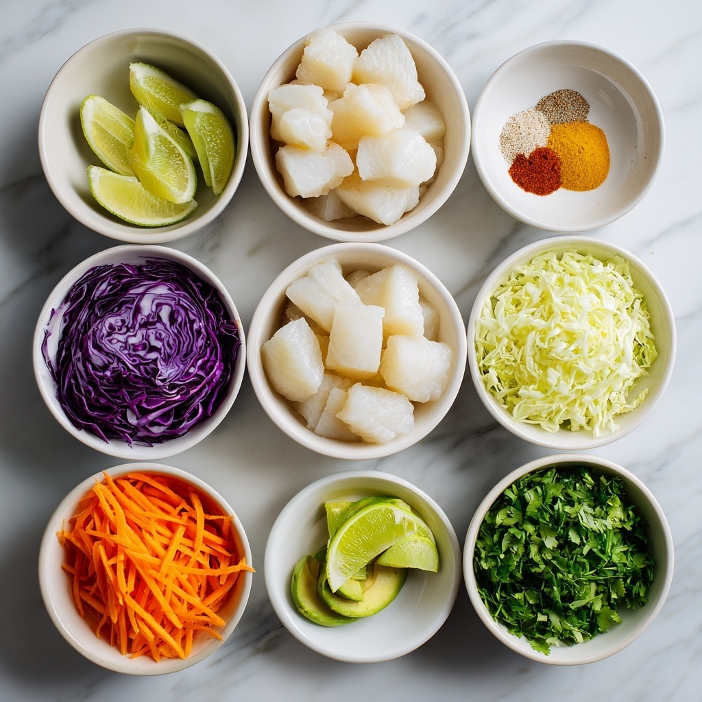 Three fish tacos sit on a round white plate placed on a white marbled surface. Each taco has three layers: a soft, slightly charred yellow corn tortilla on the bottom, a layer of shredded purple cabbage mixed with thin orange carrot strips in the middle, and a thick, golden-brown grilled white fish fillet topped with small green cilantro pieces on top. Around the tacos are several lime wedges adding a fresh green color. Photo taken with an iphone --ar 4:5 --v 7