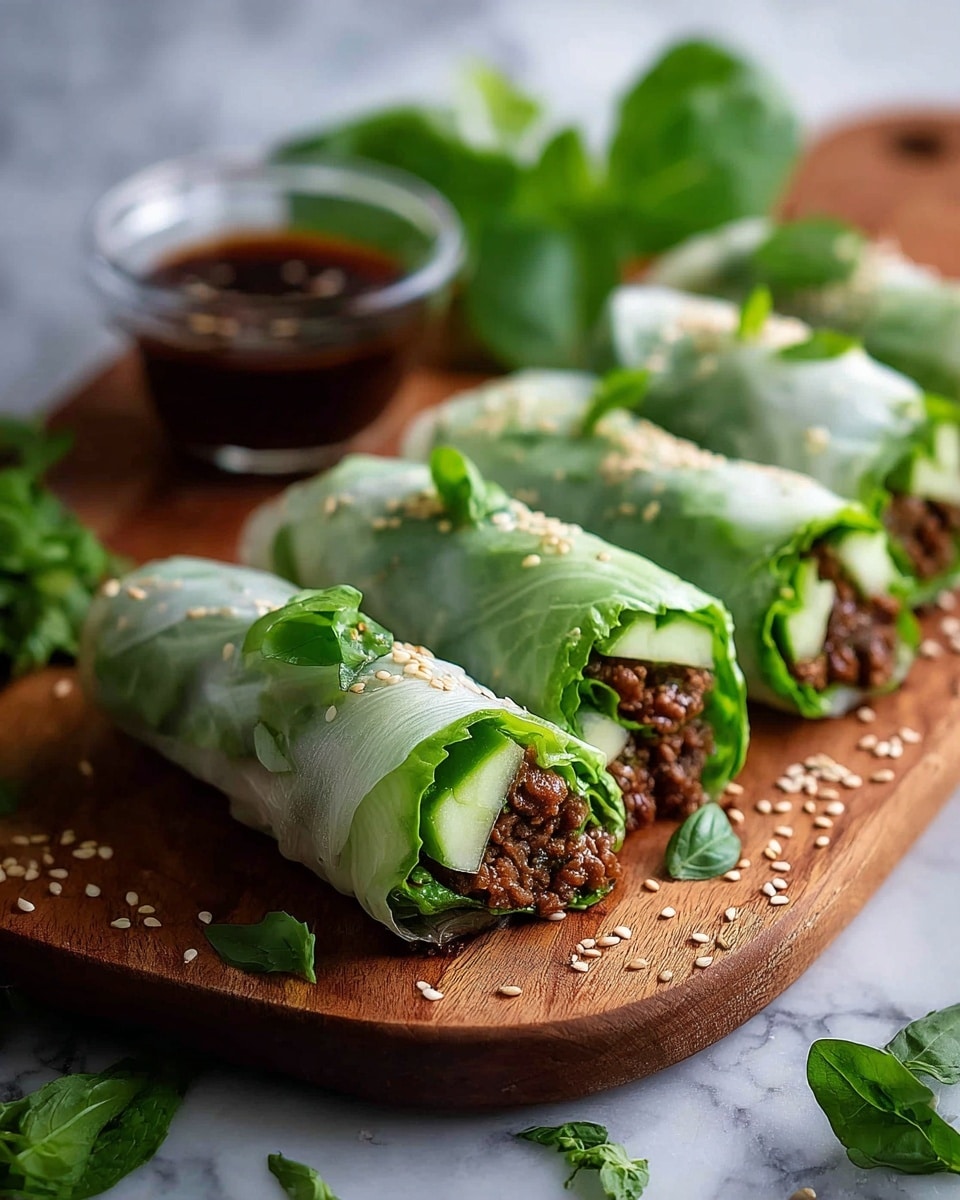 There are five fresh spring rolls lying close together on a wooden board. Each roll has three main layers: a translucent green rice paper wrap on the outside, a middle leafy green layer of lettuce and herbs, and inside, dark brown spiced minced meat with bright green cucumber slices at the base. Small green herb leaves are scattered on top of the rolls. In the back, a clear glass bowl with dark dipping sauce is visible. The setting is on a white marbled surface with scattered sesame seeds and green herbs around the board. photo taken with an iphone --ar 4:5 --v 7