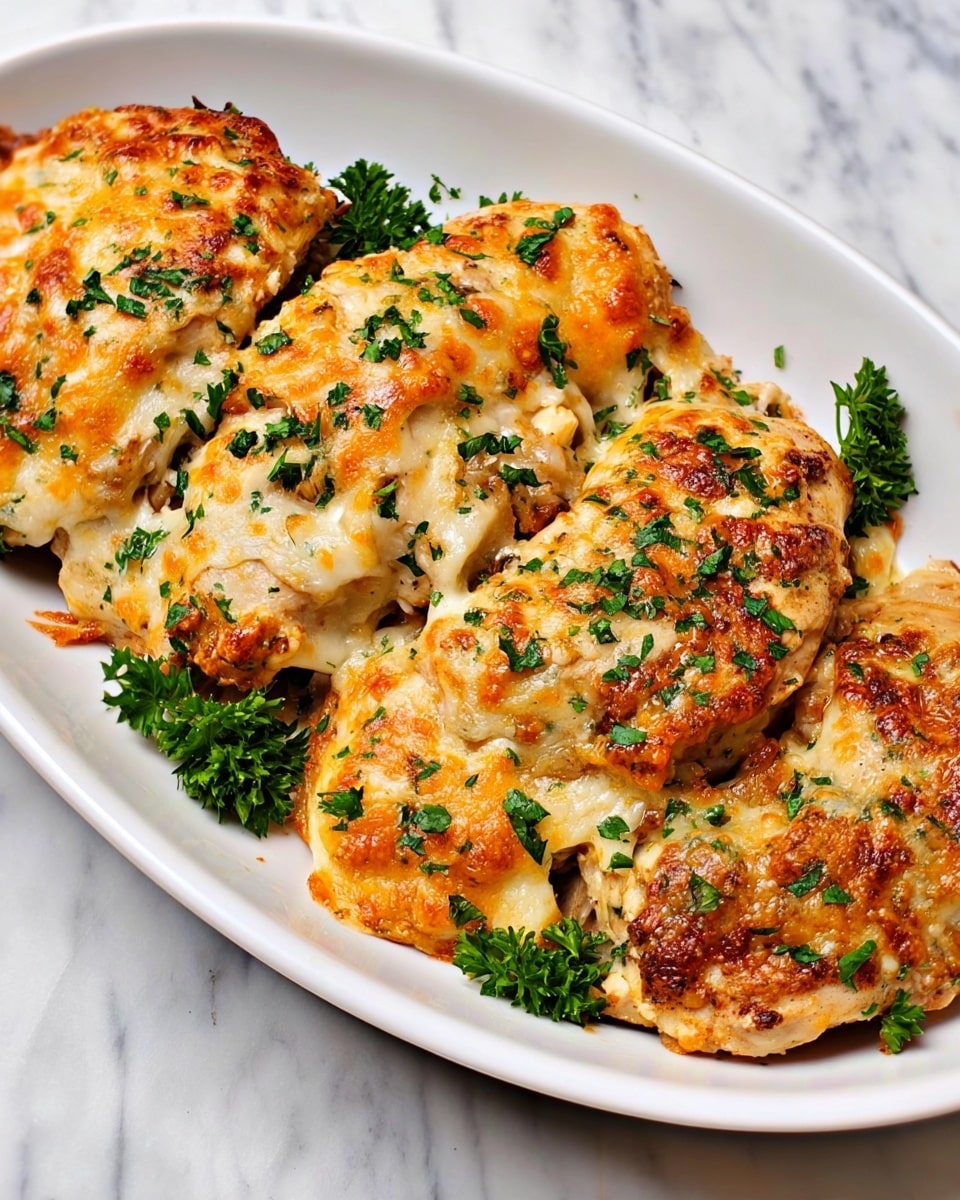 The dish shows several pieces of baked chicken topped with a golden, crispy cheese layer that is slightly browned in spots. The cheese layer is uneven, revealing bits of white chicken underneath and is sprinkled with chopped green parsley, adding a fresh color contrast. The pieces are placed closely together in a white oval dish, sitting on a white marbled surface. The chicken and cheese have a textured, slightly rough appearance with some melted cheese strands visible. Photo taken with an iphone --ar 4:5 --v 7