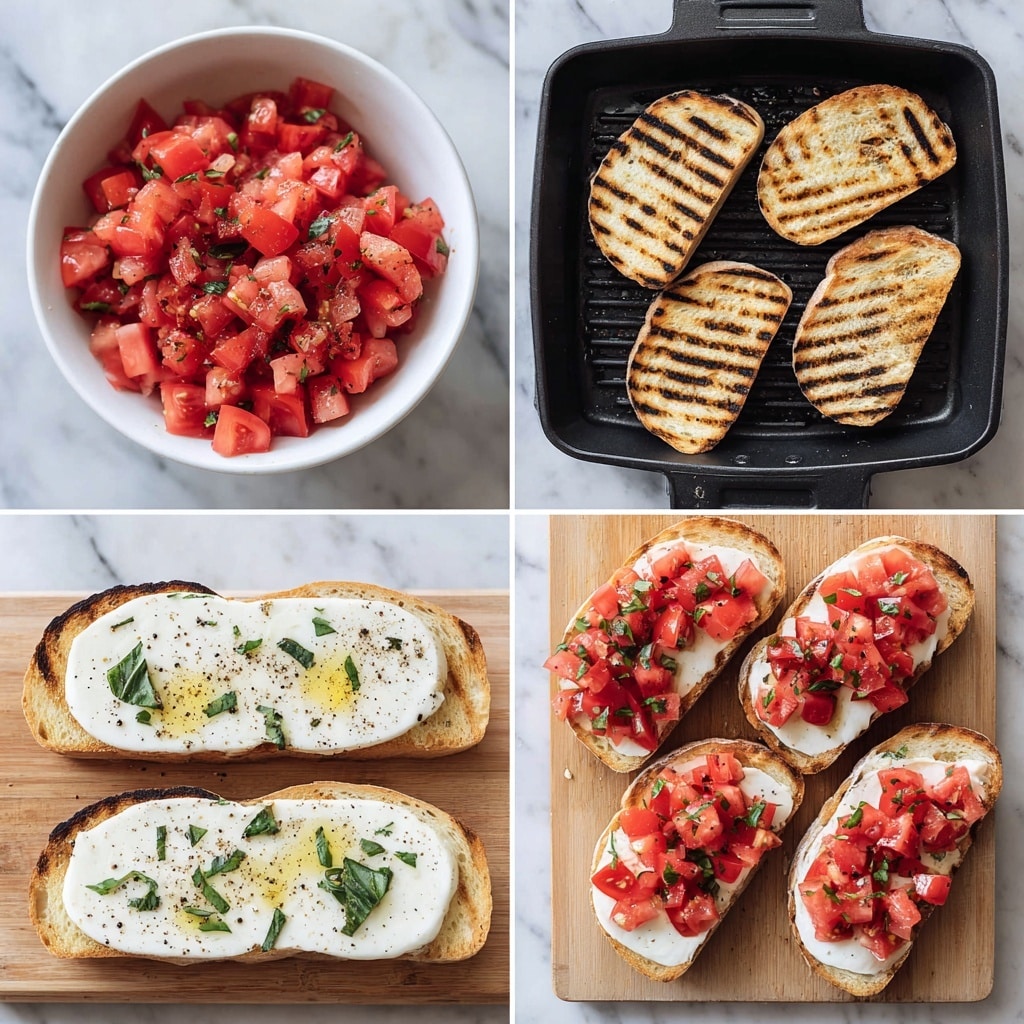The image shows several pieces of toasted bread with a golden-brown crust, each topped with a fresh layer of chopped red tomatoes mixed with small green basil leaves, and scattered white crumbles of cheese. The bread has slightly charred edges, adding texture. The toppings are drizzled with a light coat of olive oil, visible on the white marbled surface underneath, which has a few drops and specks of seasoning around. Bright colors of red, green, and white create a fresh and appetizing look. Photo taken with an iphone --ar 4:5 --v 7