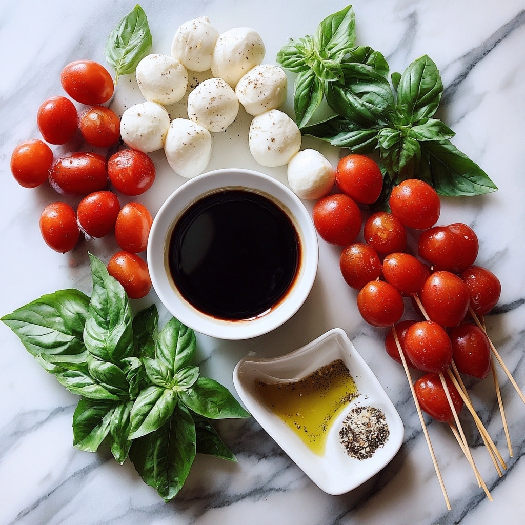 This image shows six appetizers on a wooden board, each made of two layers held together with a wooden stick. The bottom layer is a round piece of white cheese with a slightly browned and textured surface. The top layer is a bright red, slightly wrinkled cherry tomato, glossy with a light coating of olive oil. On top of the tomato, there are small green basil leaves scattered. Coarse salt and black pepper are sprinkled on all the pieces, adding texture and color contrast. The wooden board has a warm tone, and the background is softly blurred with a white marbled texture. photo taken with an iphone --ar 4:5 --v 7