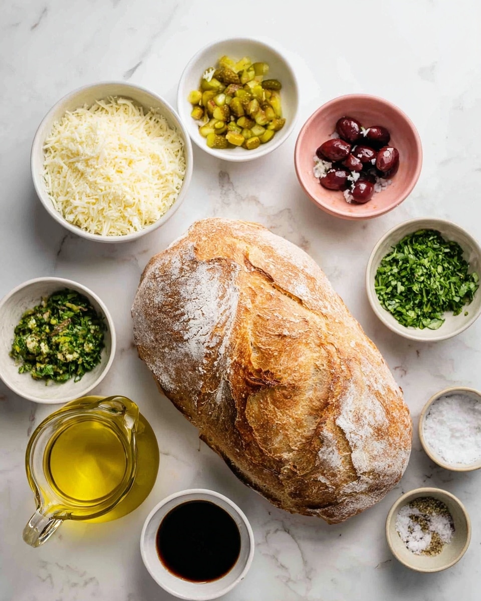 A large rustic loaf of bread with a golden-brown crust dusted with flour sits on a white marbled surface. Surrounding the bread are small white bowls and pastel-colored bowls holding various ingredients: shredded white cheese in a white bowl, finely chopped green herbs in a pink bowl, minced garlic in a small white bowl, chopped dark olives in a white bowl, diced green pickles in another pink bowl, more green herbs in a green bowl, and small cracked salt and pepper bowls in white. There is also a small white bowl with dark balsamic vinegar and a clear glass pitcher filled with golden olive oil. The setup is neat and organized with soft natural light. Photo taken with an iphone --ar 4:5 --v 7