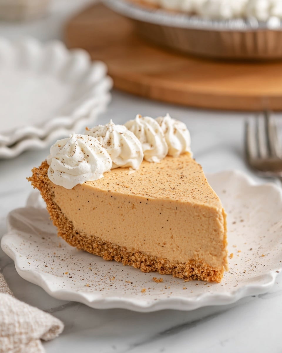 A single slice of light brown creamy pie sits on a white plate with a scalloped edge, showing two layers: a crumbly textured crust at the bottom and a thick, smooth filling on top. The pie filling is dusted with small specks of spices, and a row of white whipped cream with a soft, fluffy texture is piped along one side at the top, also sprinkled lightly with spices. In the background, there is a white marbled surface, a white scalloped plate, and a silver pie pan on a wooden board, all softly out of focus. Photo taken with an iphone --ar 4:5 --v 7