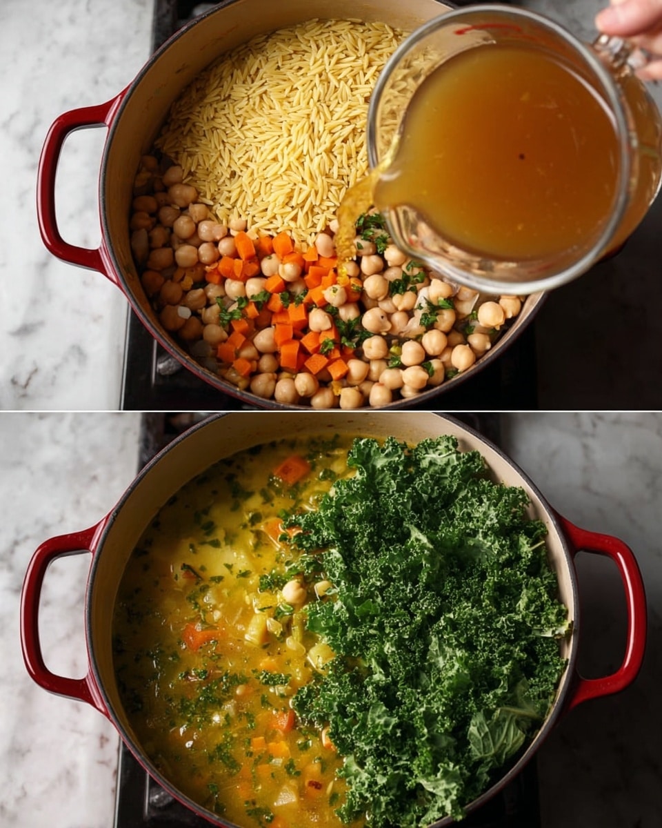 The image shows a red cooking pot with two different stages of a soup being made, set on a white marbled surface. In the top half, dry orzo pasta in light yellow fills the center of the pot, surrounded by layers of white beans, beige chickpeas, and small diced vegetables in orange and green, while an amber-colored broth is being poured into the pot from a glass measuring cup held by woman’s hand. In the bottom half of the image, the cooked soup is visible with a rich yellowish broth with specks of herbs and softly cooked orange and green vegetables, topped with a large pile of vibrant green kale leaves resting on the surface. Photo taken with an iphone --ar 4:5 --v 7