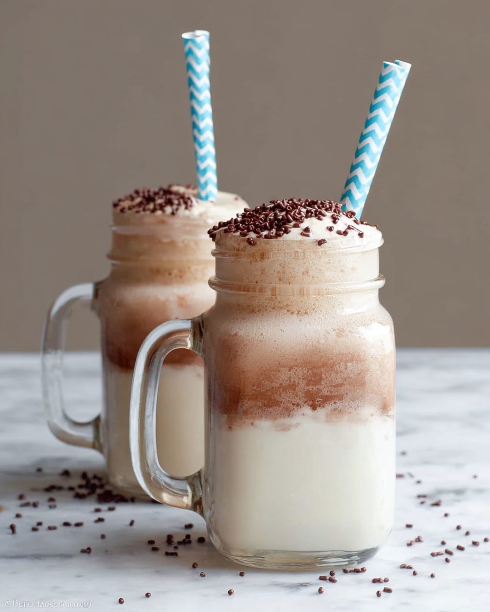 Two clear glass mason jars with handles are filled with a three-layered drink. The bottom layer is creamy white, the middle layer is light brown, and the top is frothy light brown foam with small chocolate sprinkles scattered on it. Each jar has a blue and white chevron paper straw standing upright. The jars sit on a white marbled surface with chocolate sprinkles scattered around, and the background is plain light brown. photo taken with an iphone --ar 4:5 --v 7
