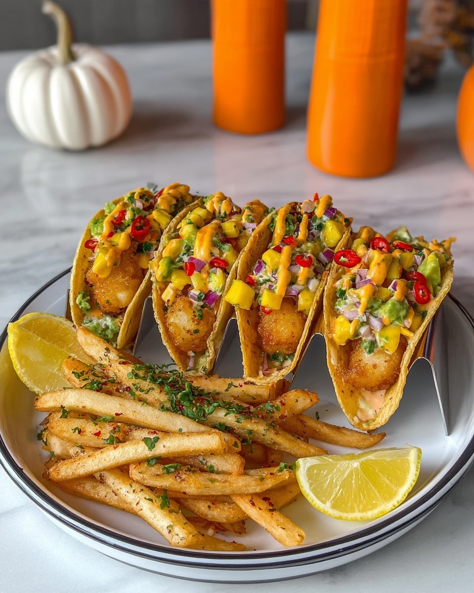 The image shows three fish tacos arranged side by side on the top half of a white plate with a black rim, each taco shell filled with a crispy golden brown piece of fish. On top of the fish, there is a colorful mix of diced red onion, yellow mango, green avocado, red chili slices, and chopped herbs, all drizzled with a creamy orange sauce. Below the tacos, a generous pile of thin, crispy fries seasoned with spices is placed on the plate, garnished with small green herbs. Two lemon wedges are positioned on the plate, one near the tacos and one near the fries. The plate sits on a white marbled surface, with a white ceramic pumpkin and two tall orange containers blurred in the background. Photo taken with an iphone --ar 4:5 --v 7