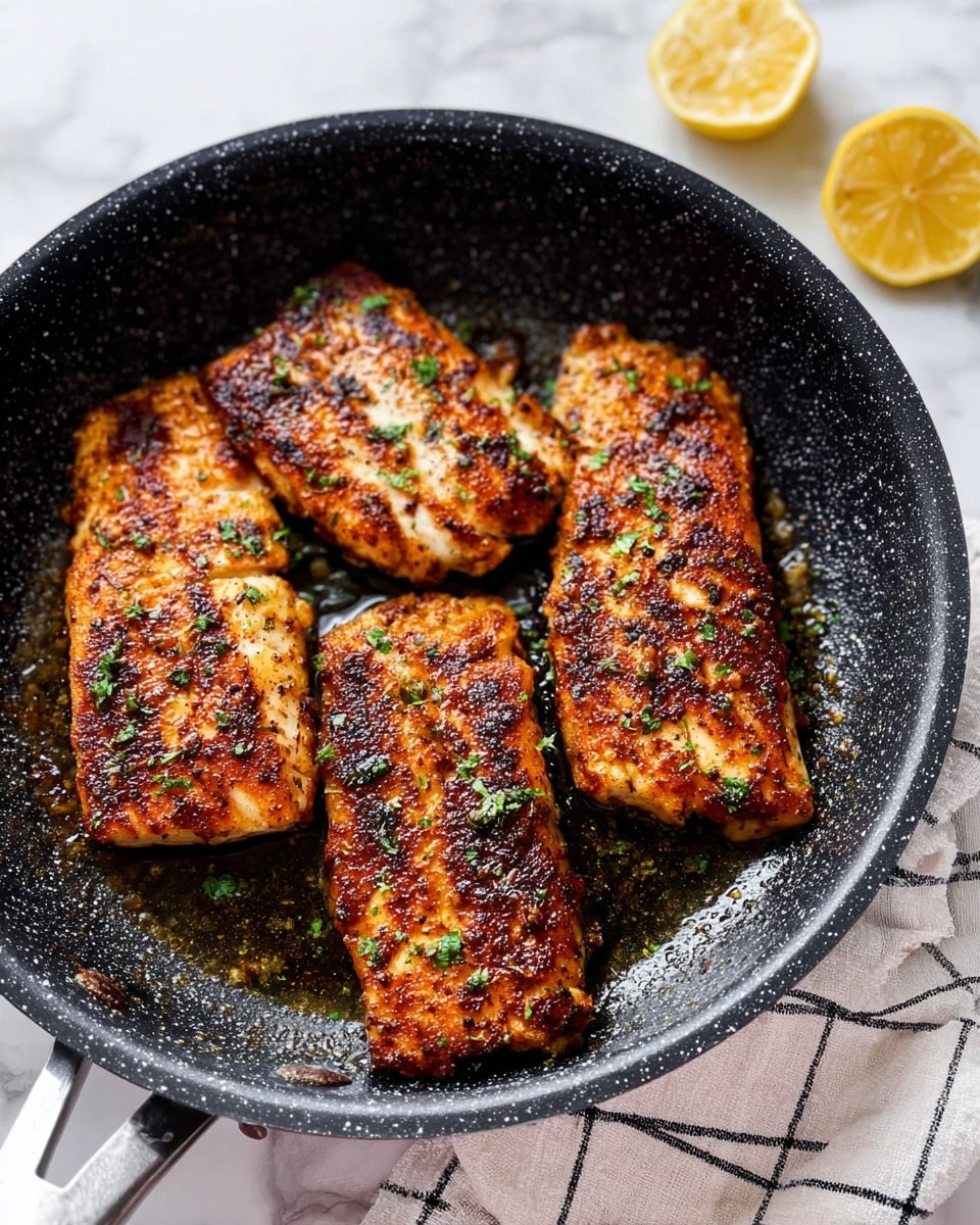 The image shows four pieces of cooked fish fillets in a black speckled frying pan. Each fillet has a browned and slightly crispy surface with a mix of dark and light golden colors, topped with small green herb sprinkles. The pan contains a small amount of oil that glistens under the light. In the background, there are two lemon slices on a white cloth with a black grid pattern, and the whole scene is set on a white marbled surface. photo taken with an iphone --ar 4:5 --v 7