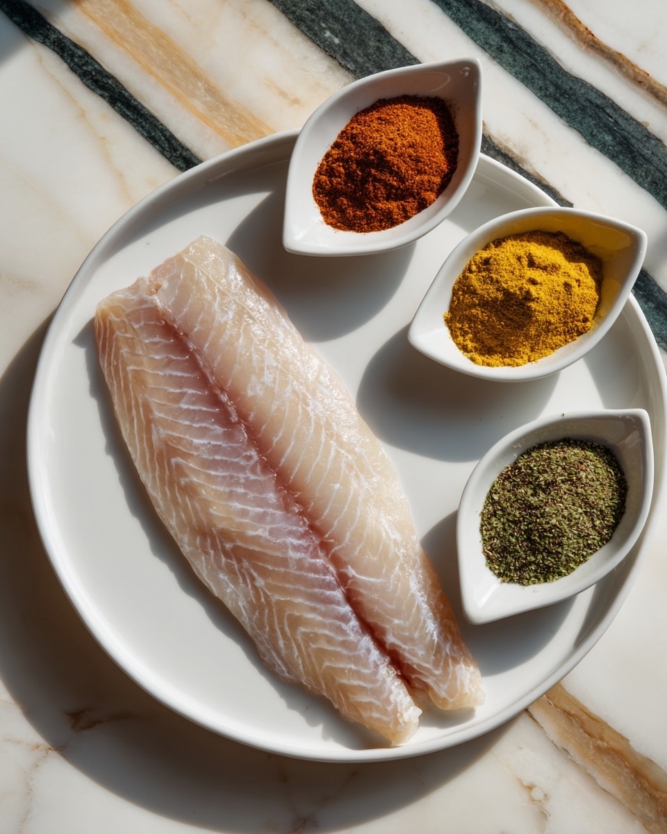 A large, raw fish fillet with pale pink and light gray colors lies flat in the center of a round white plate. Four small white leaf-shaped dishes surround the fillet, each filled with a different spice: in the top left is an orange-brown powder labeled 