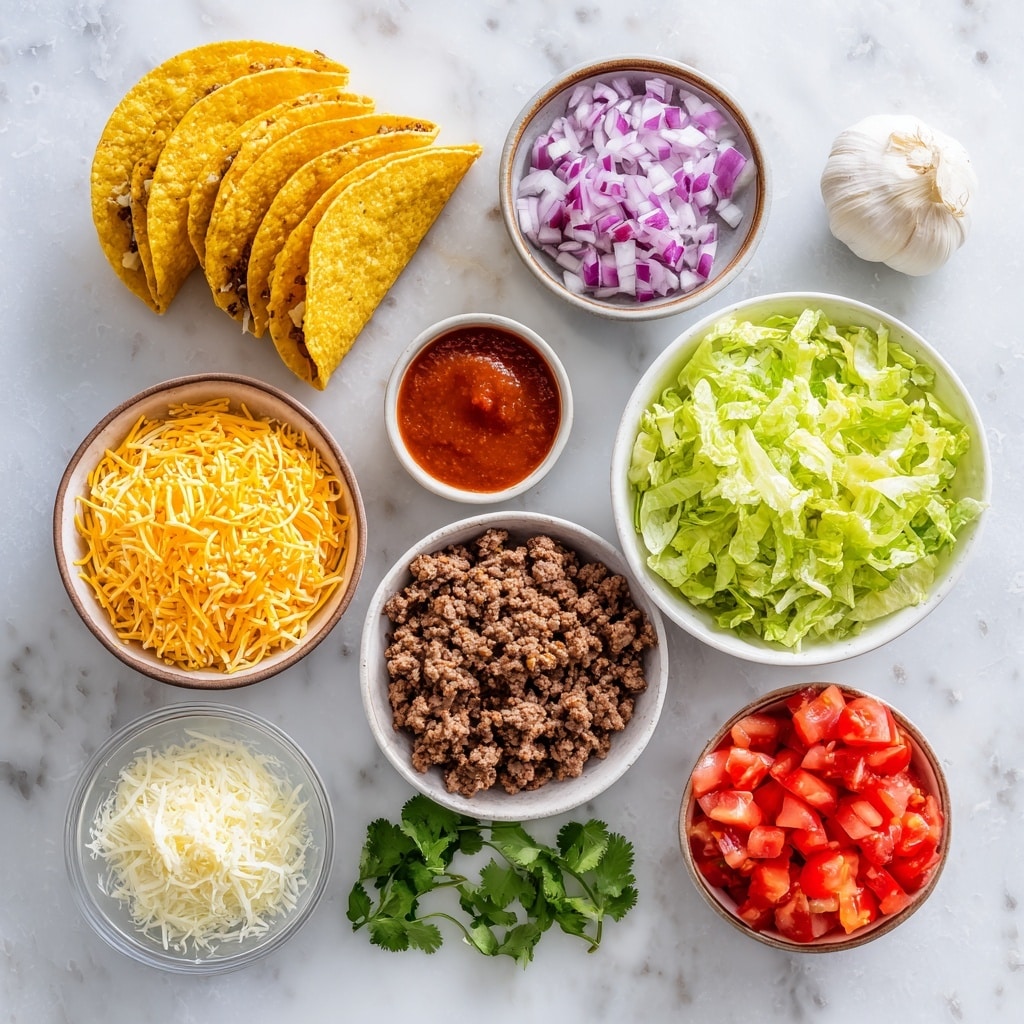 A row of six tacos is placed inside a dark metal tray on a wooden table, each taco holding three main layers: the bottom layer is golden, crispy taco shells that slightly shine with oil; the middle layer is a rich, brown ground meat filling that looks moist and cooked; on top of the meat is a layer of melted yellow and white cheese that spreads evenly inside each shell, followed by a fresh mix of chopped green lettuce, small red tomato pieces, and purple onion bits, sprinkled with small green cilantro leaves. The tacos are arranged closely side by side, slightly leaning on each other, showing their colorful fillings. The photo taken with an iphone --ar 4:5 --v 7