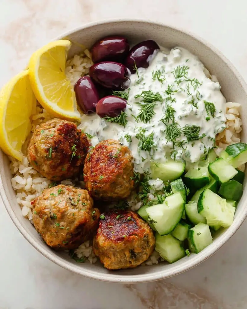 Mediterranean Bowl with Ground Turkey Meatballs Recipe