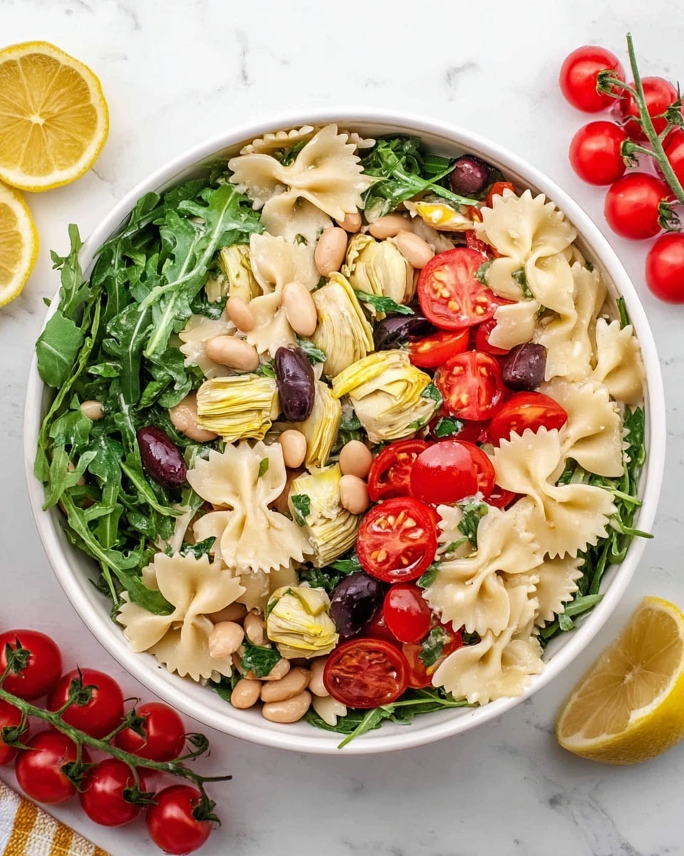 A white oval plate holds a fresh salad with three main layers: the bottom layer is dark green arugula leaves; the middle layer has sliced light yellow artichoke hearts and halved bright red cherry tomatoes; the top layer features thinly sliced purple onion rings, whole black olives, and scattered thin white cheese shavings. The salad is placed on a white marbled surface with part of a glass container and a lemon wedge partially visible around it. photo taken with an iphone --ar 4:5 --v 7