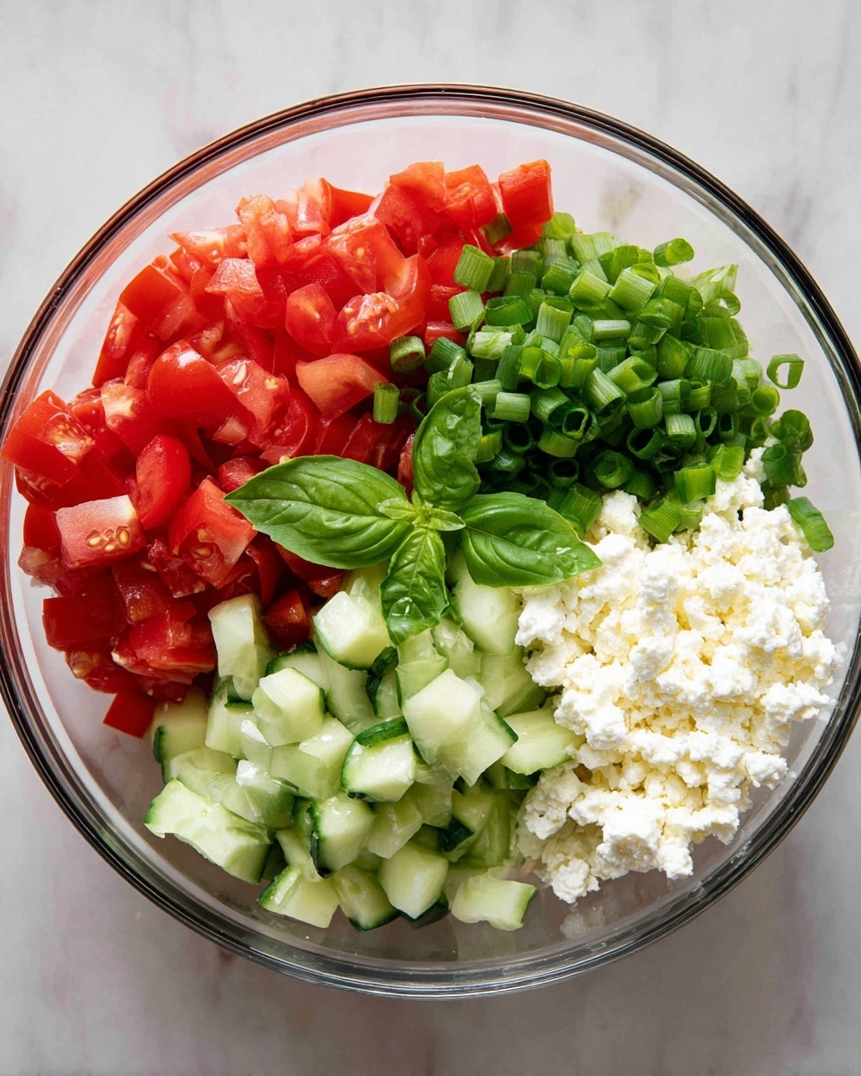 A clear glass bowl sitting on a white marbled surface contains four distinct layers of ingredients. The first layer at the bottom left side is bright red diced tomatoes with a juicy texture. Above the tomatoes is a layer of chopped cucumbers, light green with a crisp and fresh look. To the top center right of the bowl, there is a layer of finely sliced dark green spring onions. On the bottom right side, a fluffy-looking white cheese crumbles into small pieces, with a fresh green basil leaf resting lightly on top of the tomatoes. photo taken with an iphone --ar 4:5 --v 7