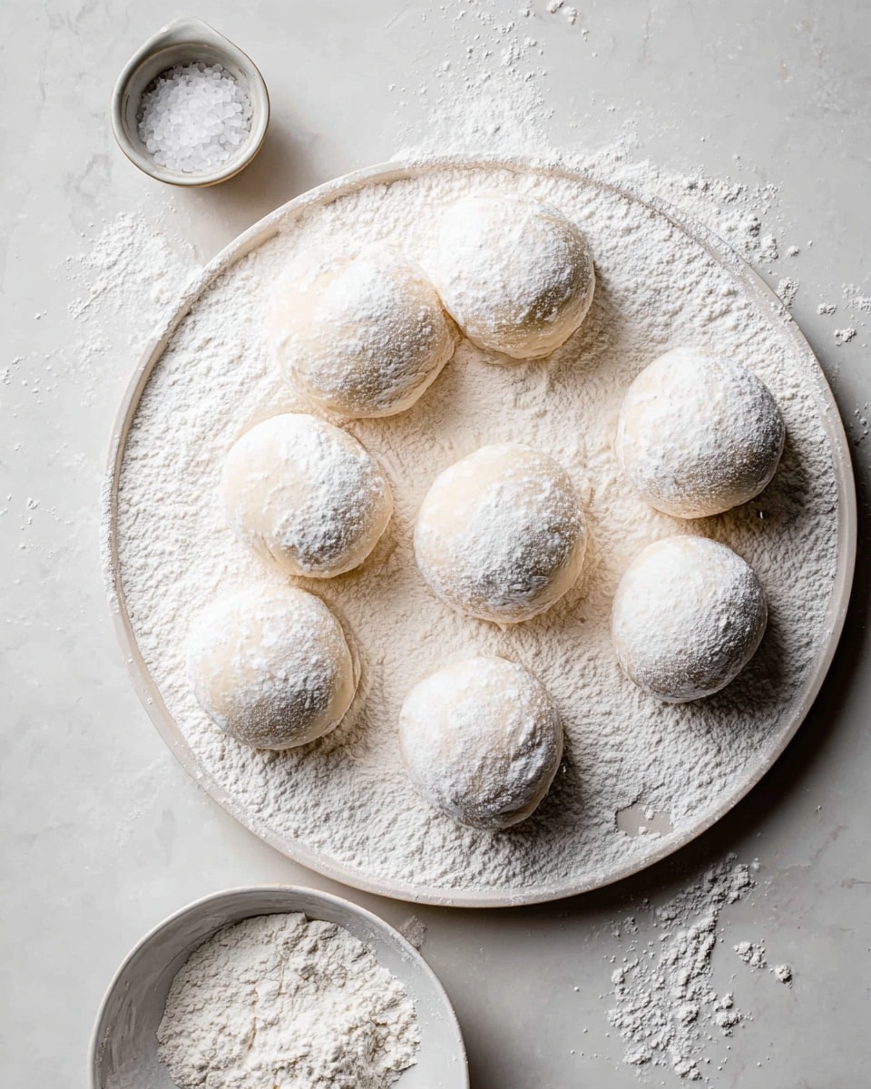 A large round white plate is covered with a thick layer of white flour. On top, there are eight dough balls evenly spread out, each coated with a fine dusting of flour, making them look soft and smooth. Around the plate, on the white marbled surface, are two small white bowls: one filled with salt and the other with flour spilling slightly outside. The scene is lightly lit, showing the powdery texture of the flour and the round, fluffy shapes of the dough balls photo taken with an iphone --ar 4:5 --v 7