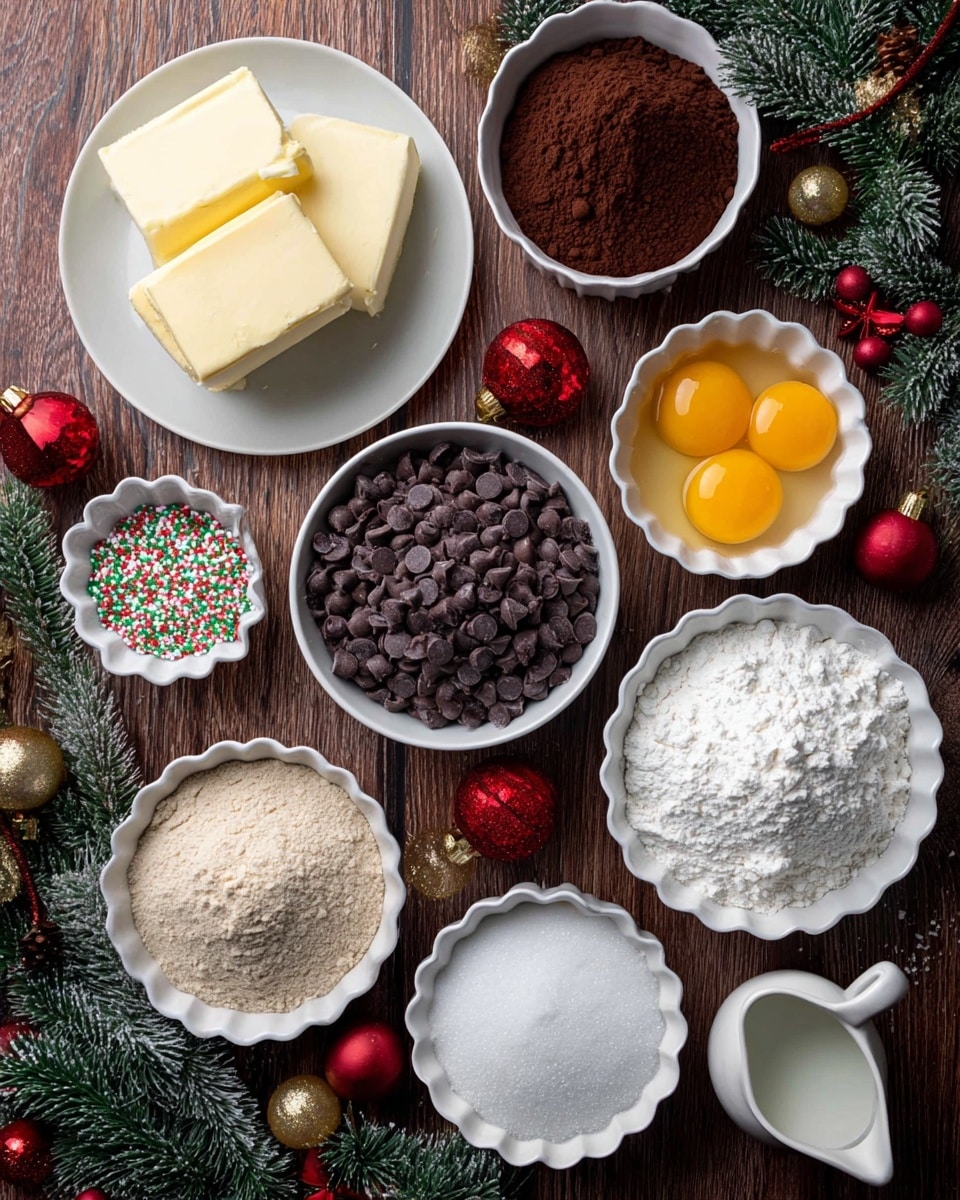 There are many round dark brown cookies arranged closely on a white round wooden board with a handle, placed on a wooden surface. Each cookie has a smooth, shiny dark chocolate center that forms one layer, surrounded by a thicker, matte dark brown cookie layer. On top of the chocolate center, there are small red, white, and green round sprinkles scattered evenly. A small white scalloped bowl filled with the same red, white, and green sprinkles sits among the cookies on the board. A few similar cookies are also on a white plate partially visible in the top left corner. Small Christmas decorations, including a green pine tree figurine and round red baubles, are placed around the board. A red ribbon curls at the bottom left corner. Photo taken with an iphone --ar 4:5 --v 7