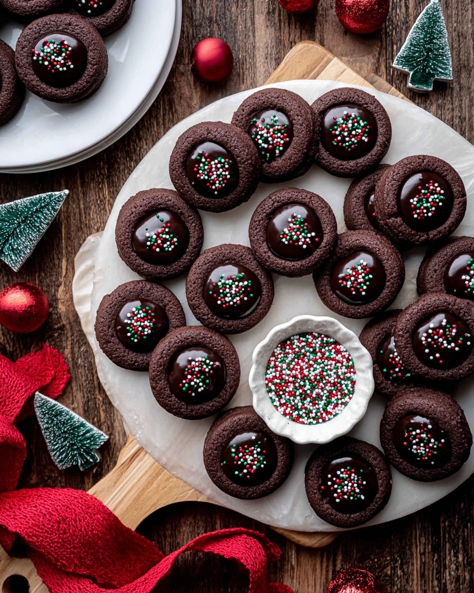 The image shows several white bowls and plates with ingredients on a brown wooden surface decorated with green pine branches and red and gold Christmas ornaments. There is a white plate with three thick blocks of pale yellow butter on the left. Above that is a white bowl filled with dark brown cocoa powder. To the right is a white bowl holding two bright yellow egg yolks. Next to that is a small white fluted bowl with white powdered baking soda. At the center is a white bowl filled with many dark brown chocolate chips. Below it is a white bowl full of flour, looking powdery and white. To the lower left, there is a white bowl filled with light brown sugar that looks fluffy. Above that is another white bowl filled with white granulated sugar. Next to the sugar are three small white fluted bowls: one with red, green, and white small round sprinkles at the top, a smaller one with coarse salt at the bottom, and a tiny one with dark red liquid, maybe vanilla or syrup, near the top left. A small white pitcher with a spout contains a smooth white liquid at the bottom right. The scene is bright and festive, all on a brown wooden tabletop. Photo taken with an iphone --ar 4:5 --v 7