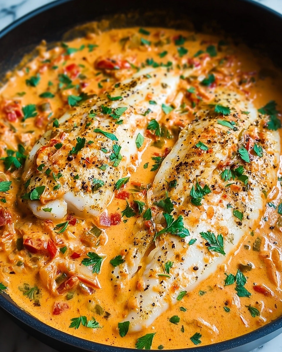 A close-up view of two white fish fillets partially submerged in a thick, creamy orange sauce with visible red and green vegetable bits, likely tomatoes, onions, and herbs. The fish fillets are placed side by side, showing light browning and black pepper specks on top. Bright green fresh parsley leaves are scattered across the sauce and fish, adding a pop of color. The dish is presented inside a black pan, resting on a white marbled surface. photo taken with an iphone --ar 4:5 --v 7