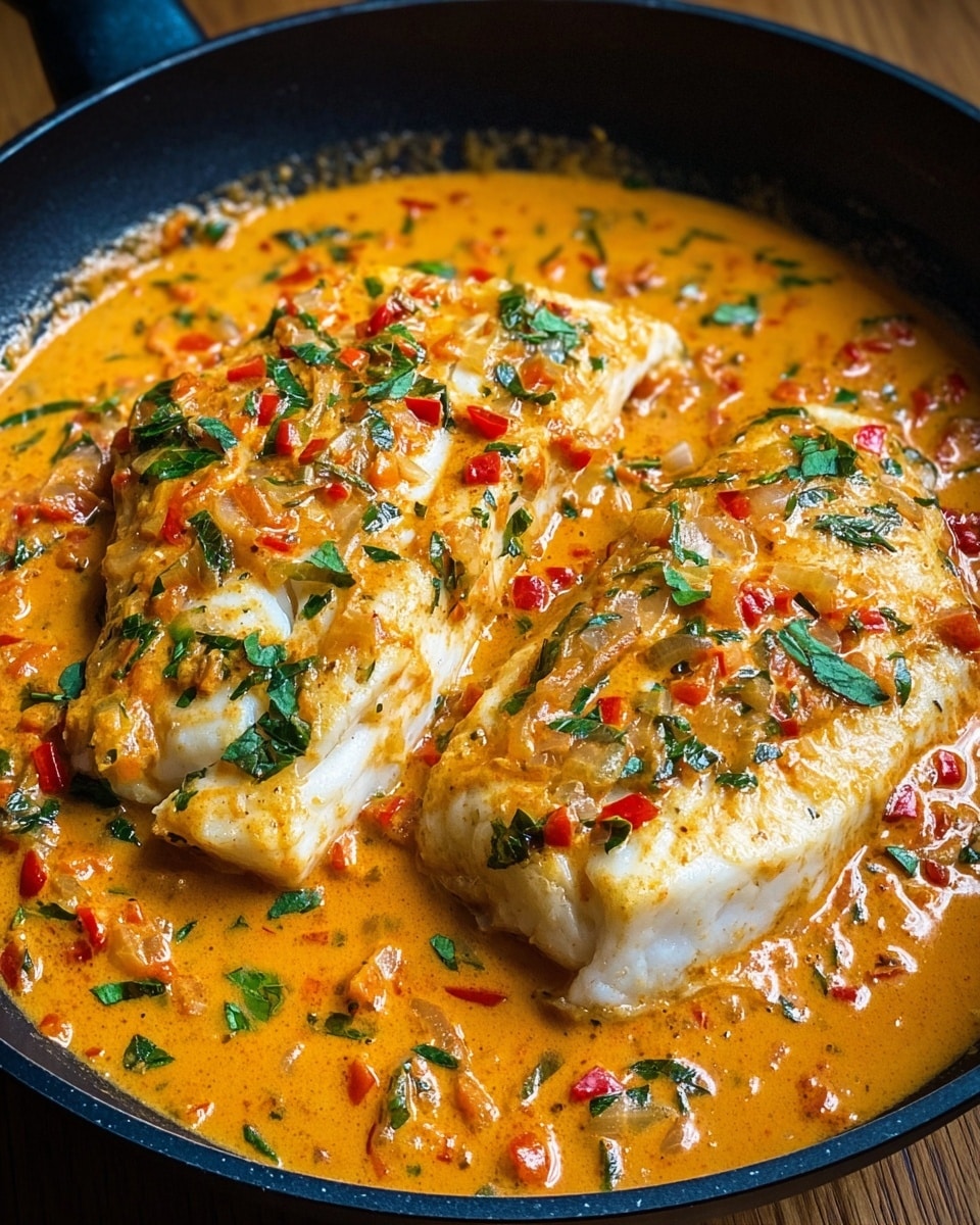 The image shows two white fish fillets in a black pan, covered with a thick and creamy bright orange sauce mixed with small red pepper strips and chopped green herbs scattered on top. The sauce has a rich, slightly chunky texture with visible bits of onions and spices. The fish fillets are gently cooked, with soft white flesh visible through the sauce. The pan is placed on a wooden surface, and the colors of the dish are warm and inviting. photo taken with an iphone --ar 4:5 --v 7