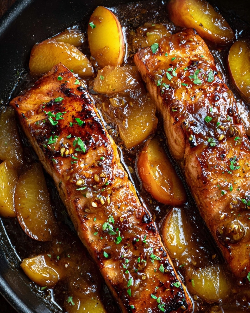 The image shows two cooked salmon fillets placed side by side in a black pan. The salmon has a golden-brown, slightly charred surface with a glossy, thick sauce covering it. Small pieces of orange-yellow peach slices are spread around and on top of the salmon, also coated in the sauce. Tiny green herb bits are sprinkled on the salmon and peaches, adding a fresh touch. The sauce looks sticky and rich, pooling around the fillets at the bottom of the pan. photo taken with an iphone --ar 4:5 --v 7