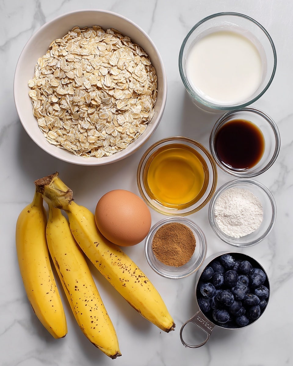 The image shows several ingredients arranged on a white marbled surface. There is a white bowl filled with light beige rolled oats on the upper left side. Next to it, on the upper middle, is a glass filled with white milk. To the right of the milk, there is a white bowl with golden honey. Below the honey, there is a small clear bowl with dark brown vanilla extract. In the center below the oats and milk, there are three ripe yellow bananas with small brown spots. Below the bananas is a single brown egg. To the right of the egg, there is a metal measuring cup filled with dark blue frozen blueberries. In the middle, between the bananas and the honey, are two small clear bowls, one containing white powder and brown cinnamon powder side by side. Photo taken with an iphone --ar 4:5 --v 7