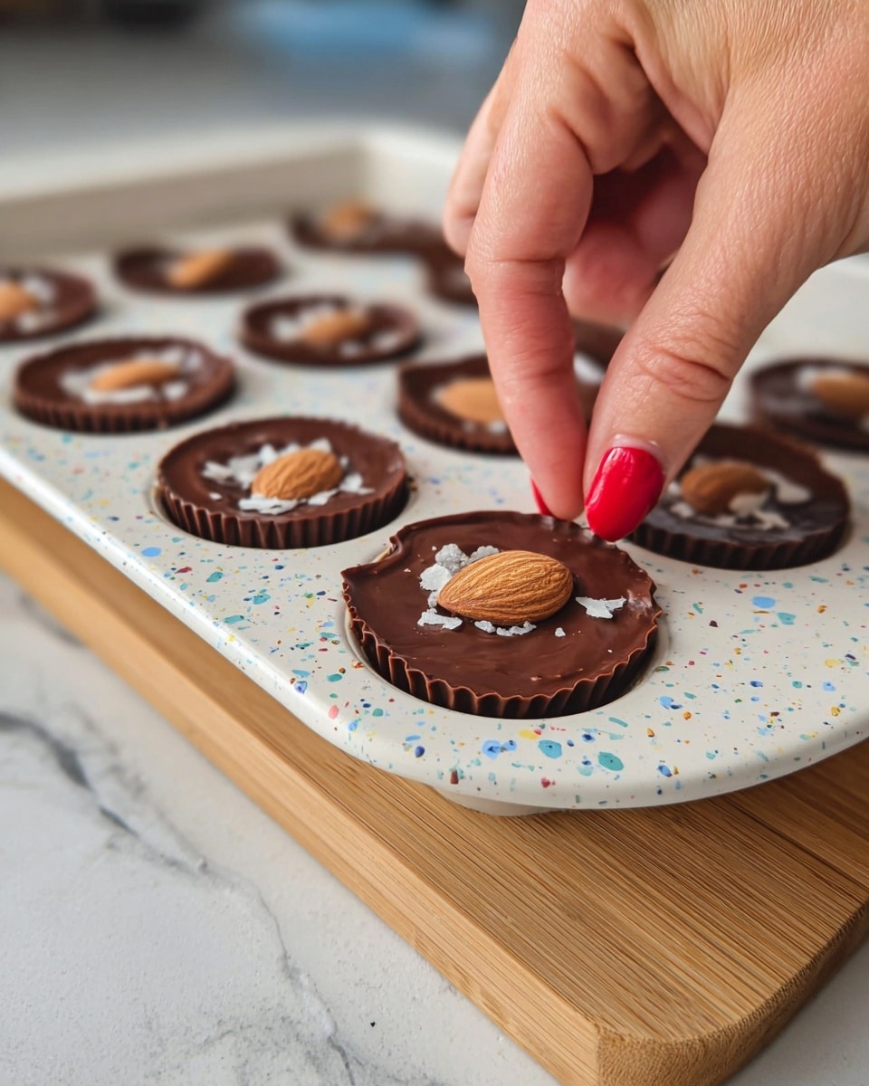 A close-up view shows a woman's hand with red polished nails placing a single almond on top of a smooth, dark brown chocolate layer inside a white tray with colorful speckles. The tray holds several round chocolate cups, each topped with a whole almond in the center, with small white flakes scattered around the edges of each cup. The tray is set on a light wooden board with a white marbled texture surface beneath it. Photo taken with an iphone --ar 4:5 --v 7