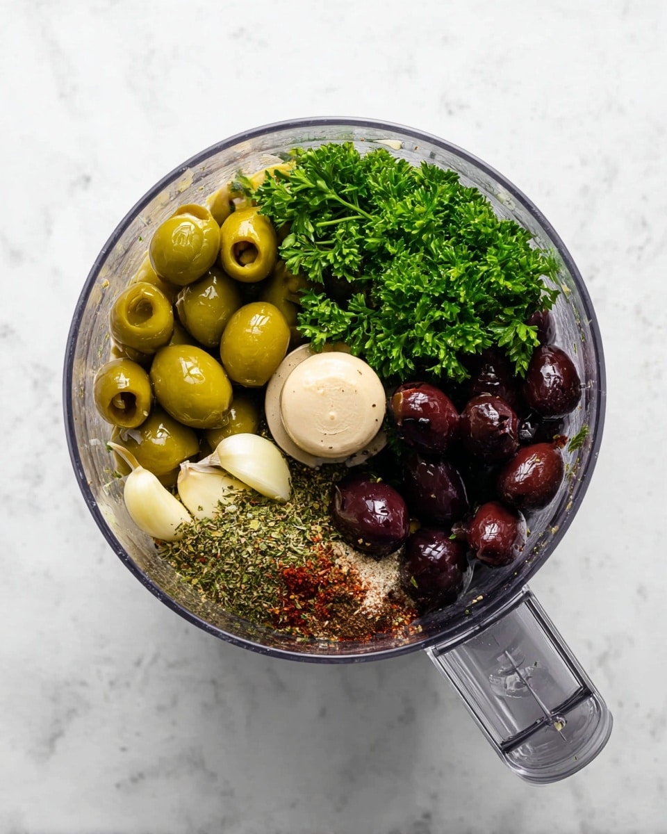 Several small bowls are placed on a white marbled surface. One white bowl is filled with large green olives stuffed with red pimentos, and another white bowl holds dark brown olives. A third white bowl contains fresh green parsley. There are also clear glass bowls with garlic cloves and a small amount of a light liquid. Two small wooden bowls hold a yellow mustard-like paste and dried herbs with bits of red flakes. A white cup contains golden olive oil. The items are arranged in a loosely circular pattern, viewed from above. photo taken with an iphone --ar 4:5 --v 7