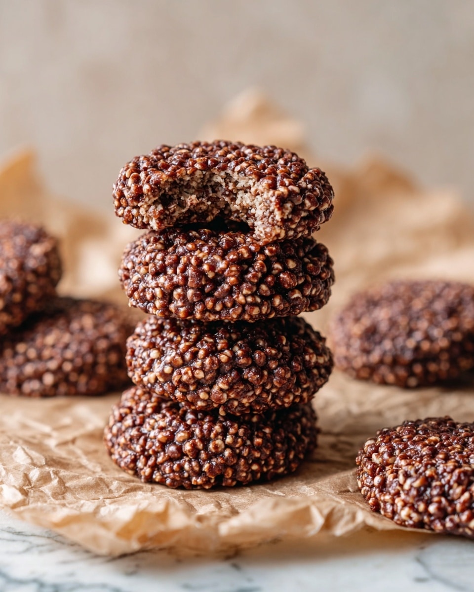 A stack of five round chocolate puffed grain cookies is placed on crinkled brown paper over a white marbled surface. The top cookie has a bite taken out, revealing a textured, soft inside with chocolate and puffed grains. The cookies are dark brown with small, light brown puffed grains evenly spread throughout. In the background, slightly blurred, there are more stacked cookies and a single cookie lying flat on the paper. The scene is softly lit, showing the rough texture of the cookies and the paper beneath them, photo taken with an iphone --ar 4:5 --v 7